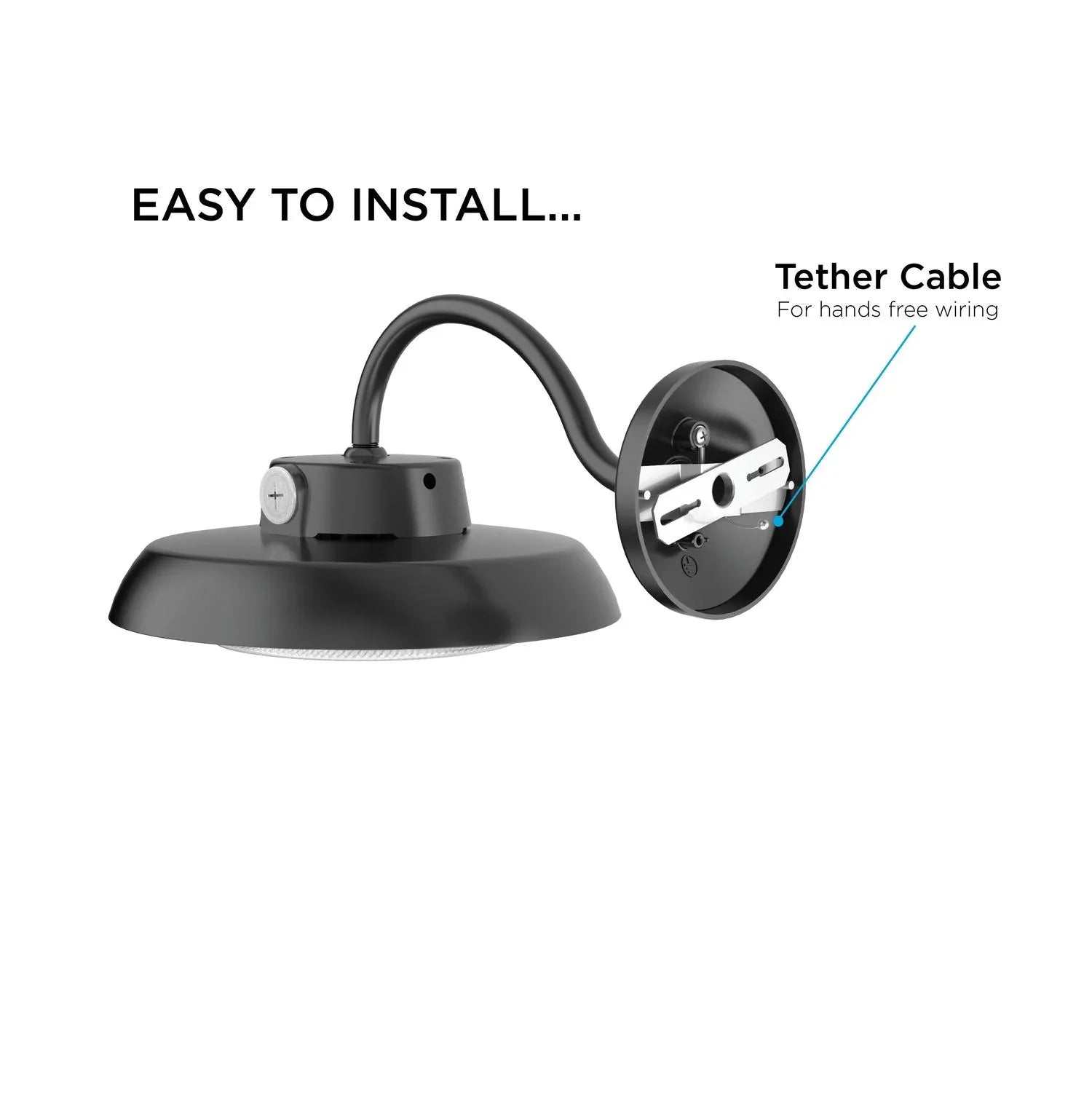 Black wall light fixture with tether cable on a white background