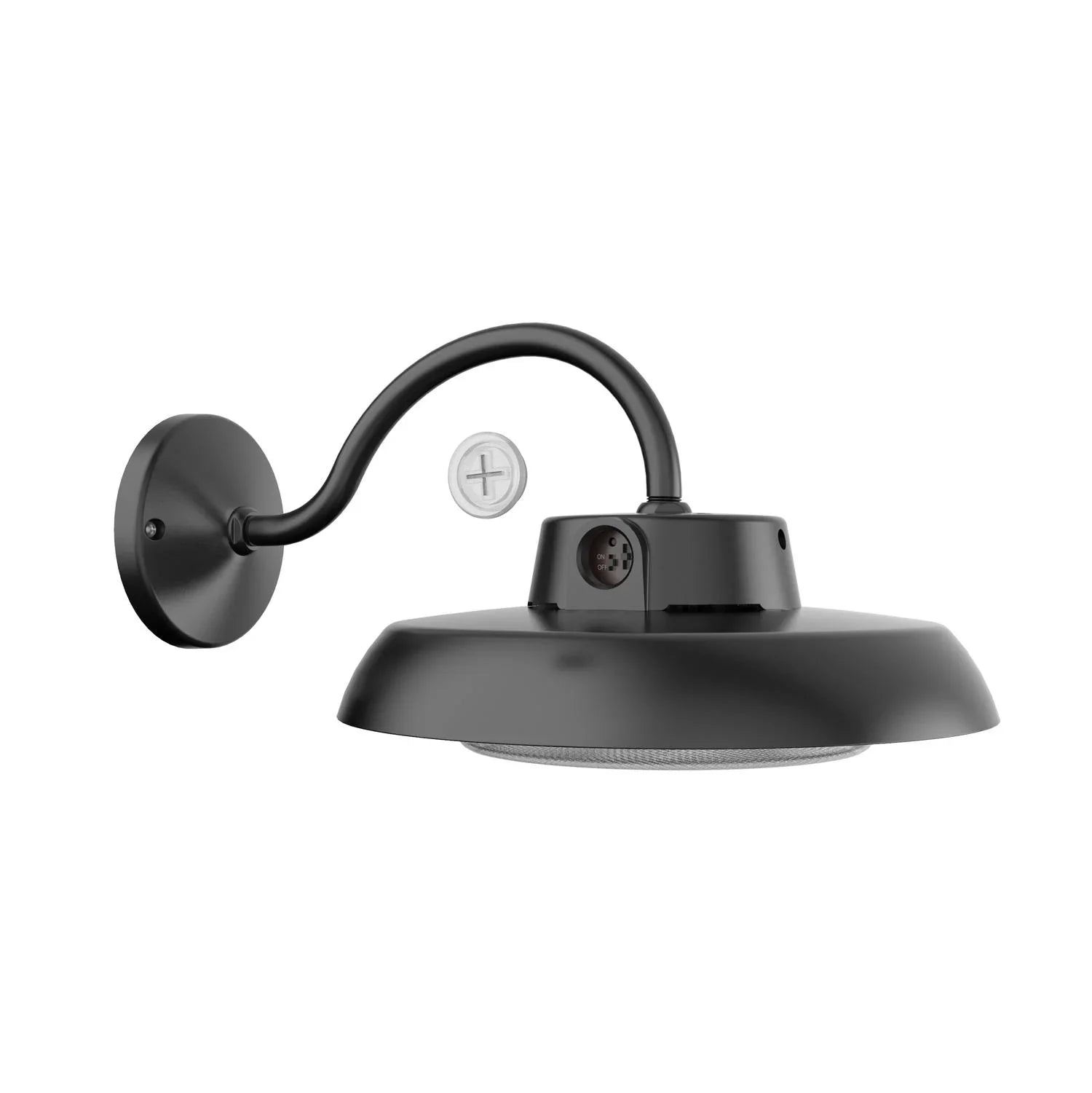 Black wall-mounted light fixture with adjustable arm on a white background