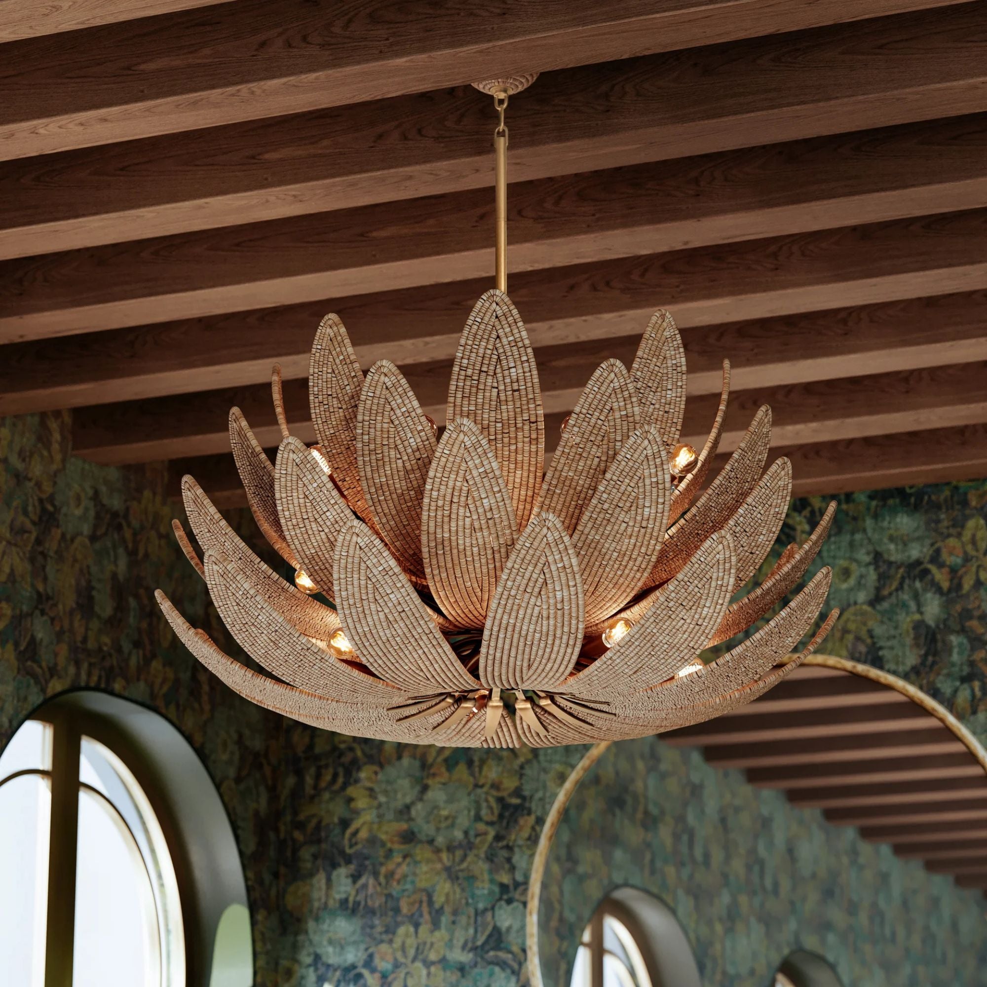 Corbett Varanasi 42 in. 28-Light Chandelier, Vintage Gold Leaf with Coco Beads