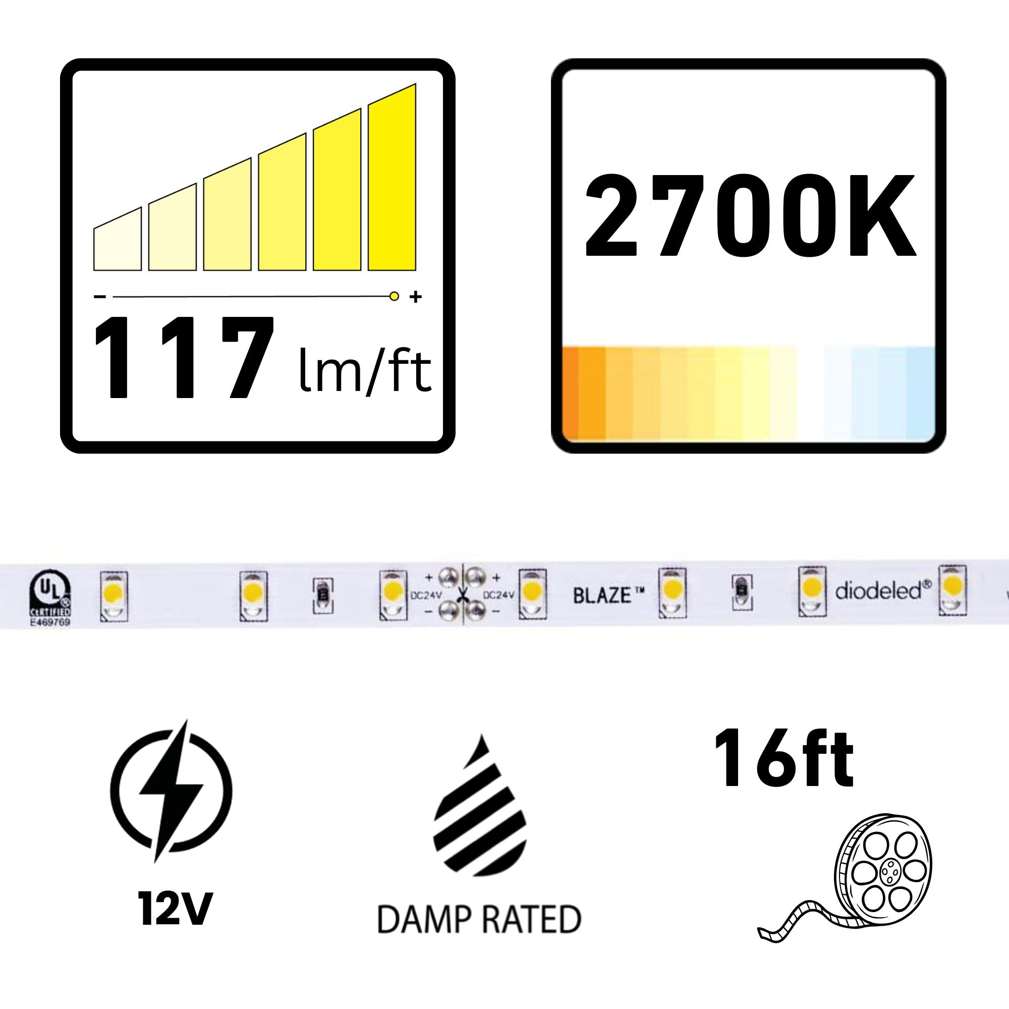 BLAZE, 16 ft., LED Tape Light, 2700K, 117 Lm/ft, 12V