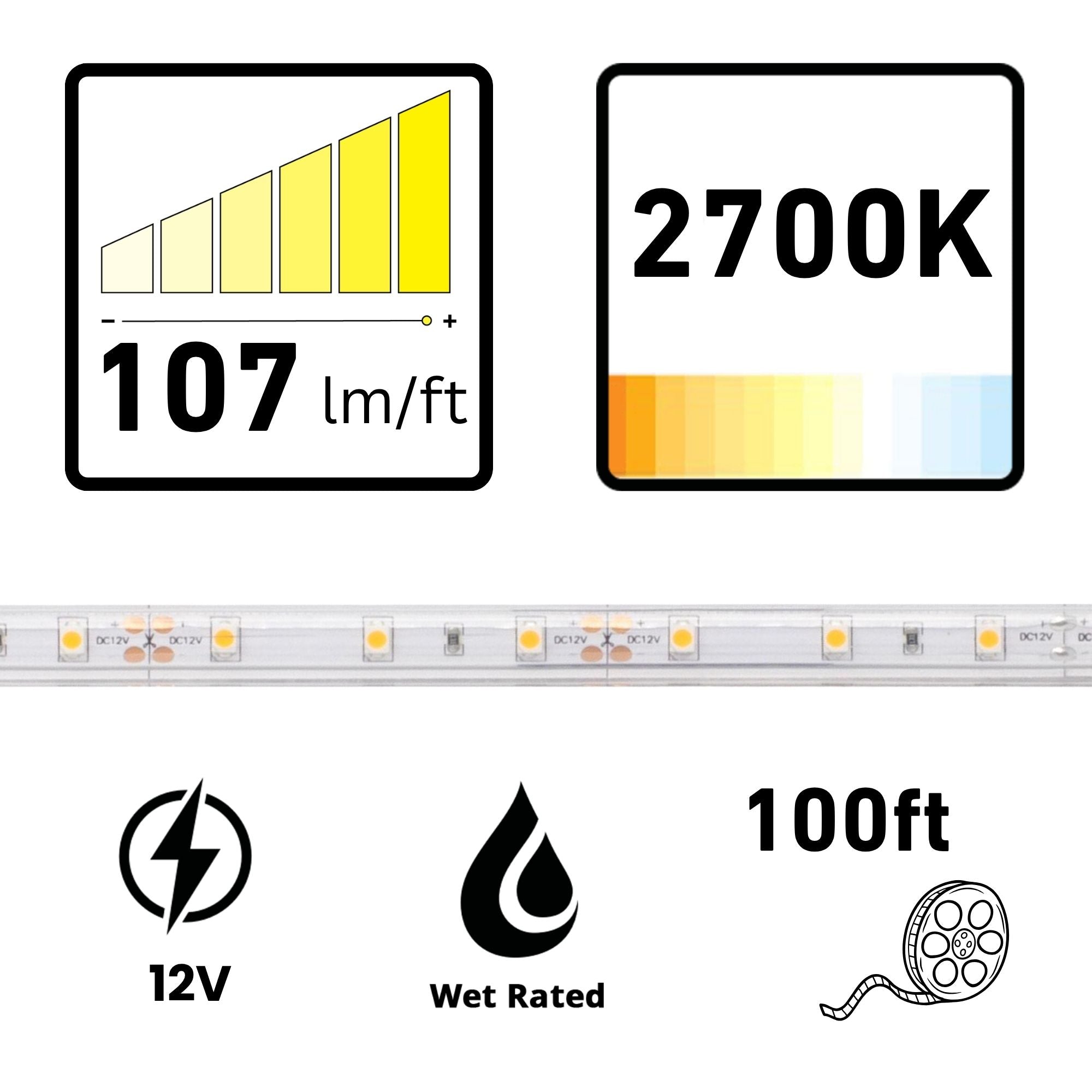 BLAZE, 100 ft., LED Tape Light, IP65, 2700K, 107 Lm/ft., 12V