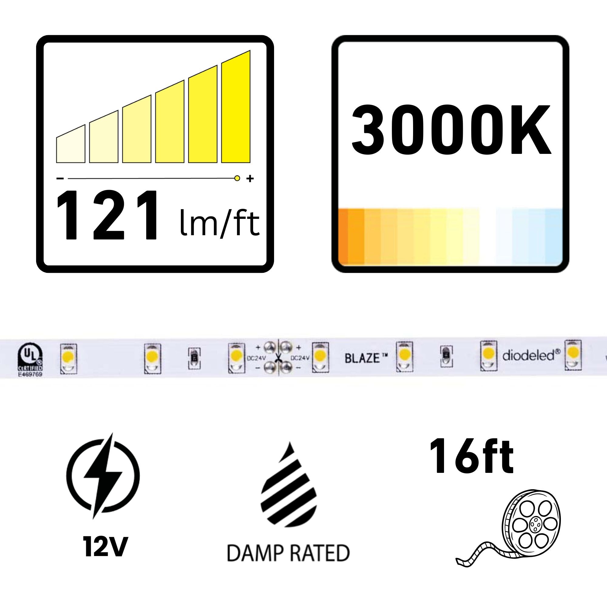 BLAZE, 16 ft. LED Tape Light, 3000K, 121 Lm/ft, 12V