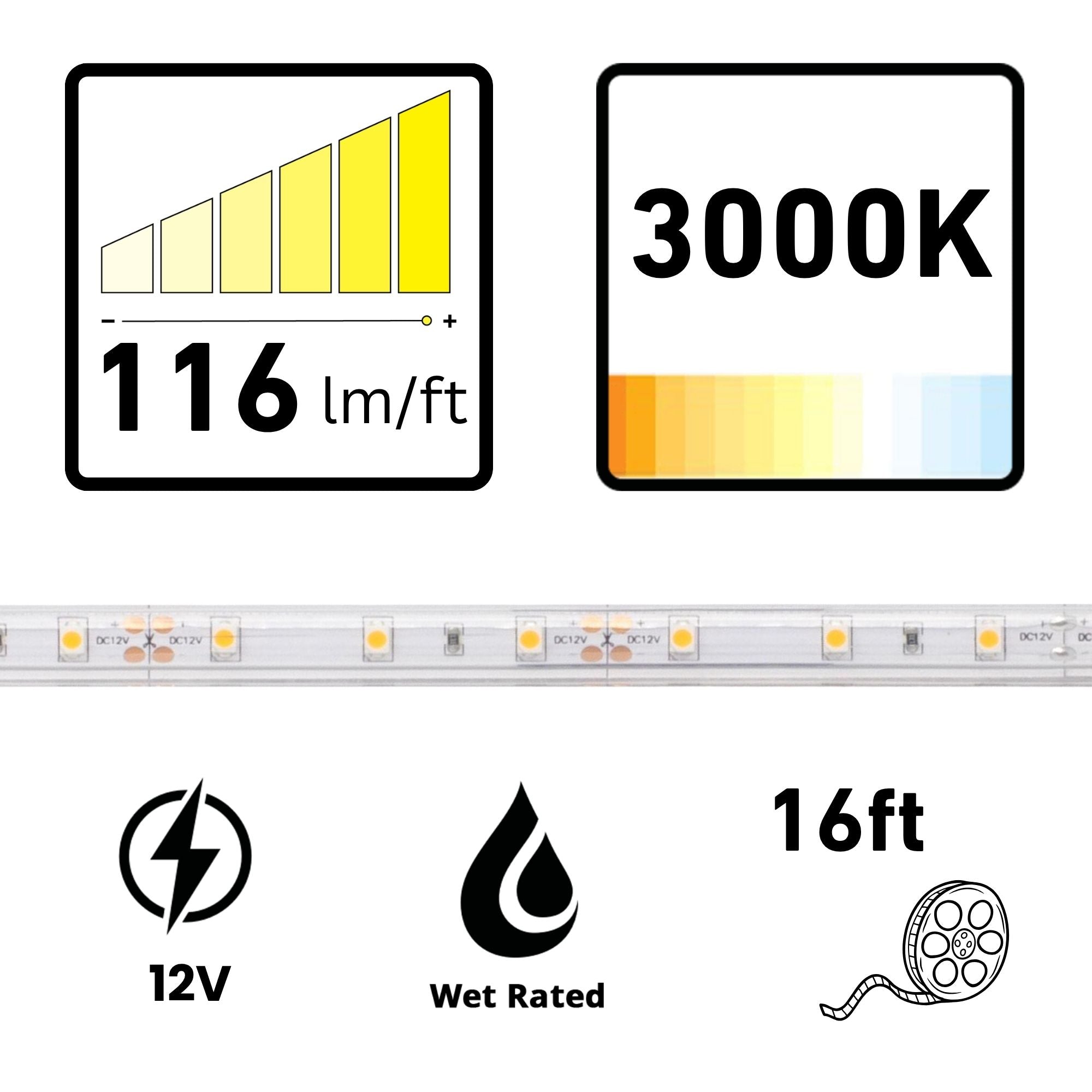 Diode LED BLAZE, 16 ft. LED Tape Light, IP65 Wet, 3000K, 116 Lumens/ft, 12V