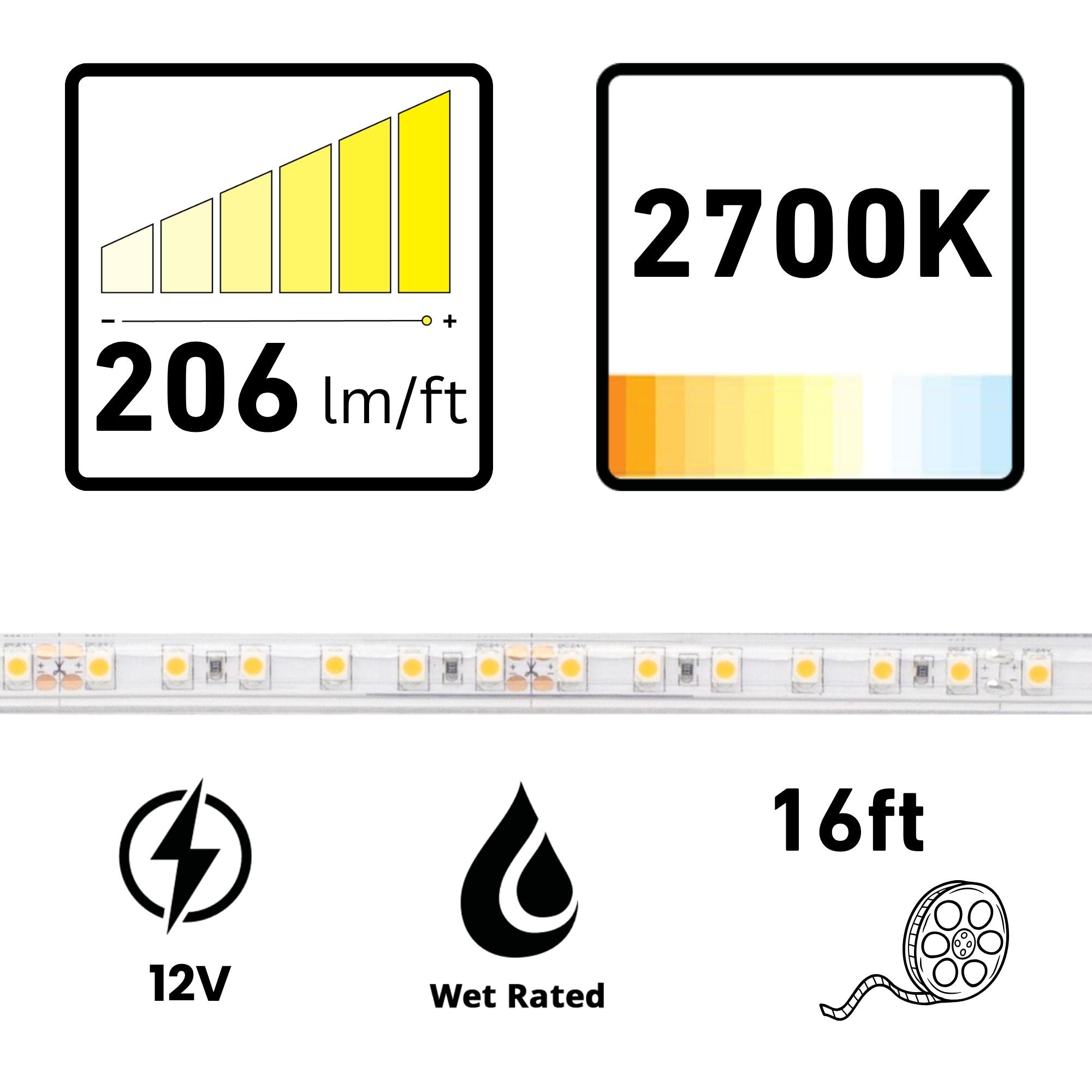 Diode LED BLAZE, 16 ft. LED Tape Light, IP65, 2700K, 206 Lm/ft, 12V