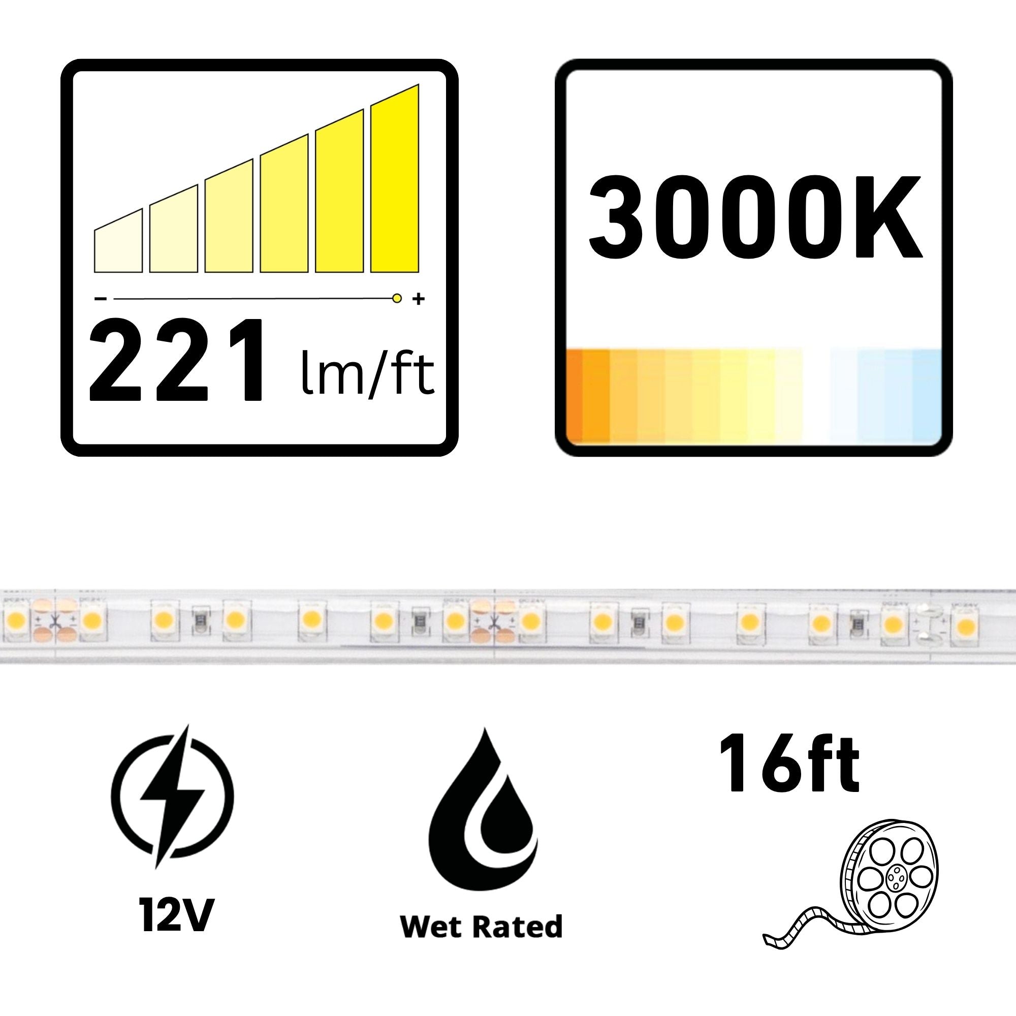 BLAZE, 16 ft. LED Tape Light, IP65 Wet, 3000K, 221 Lumens/ft, 12V