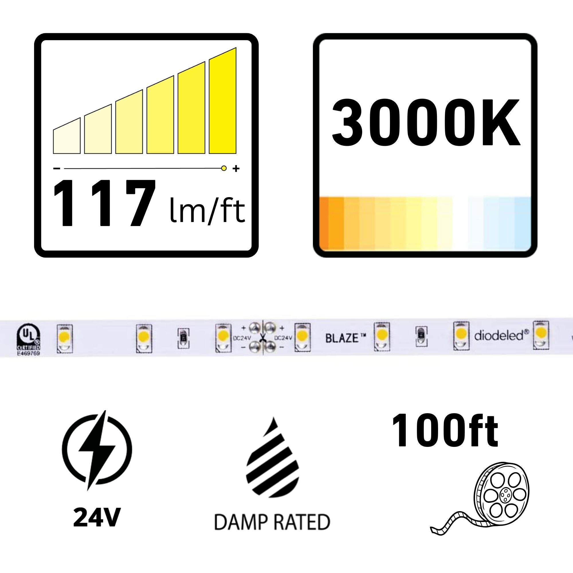 Diode LED BLAZE, 100 ft., LED Tape Light, 3000K, 117 Lumens/ft, 24V