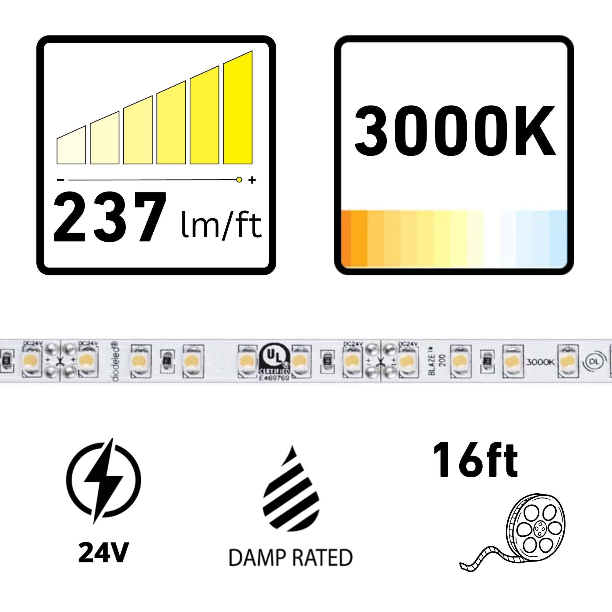 BLAZE, 16ft, LED Tape Light, 3000K, 237 Lm/ft, 24V