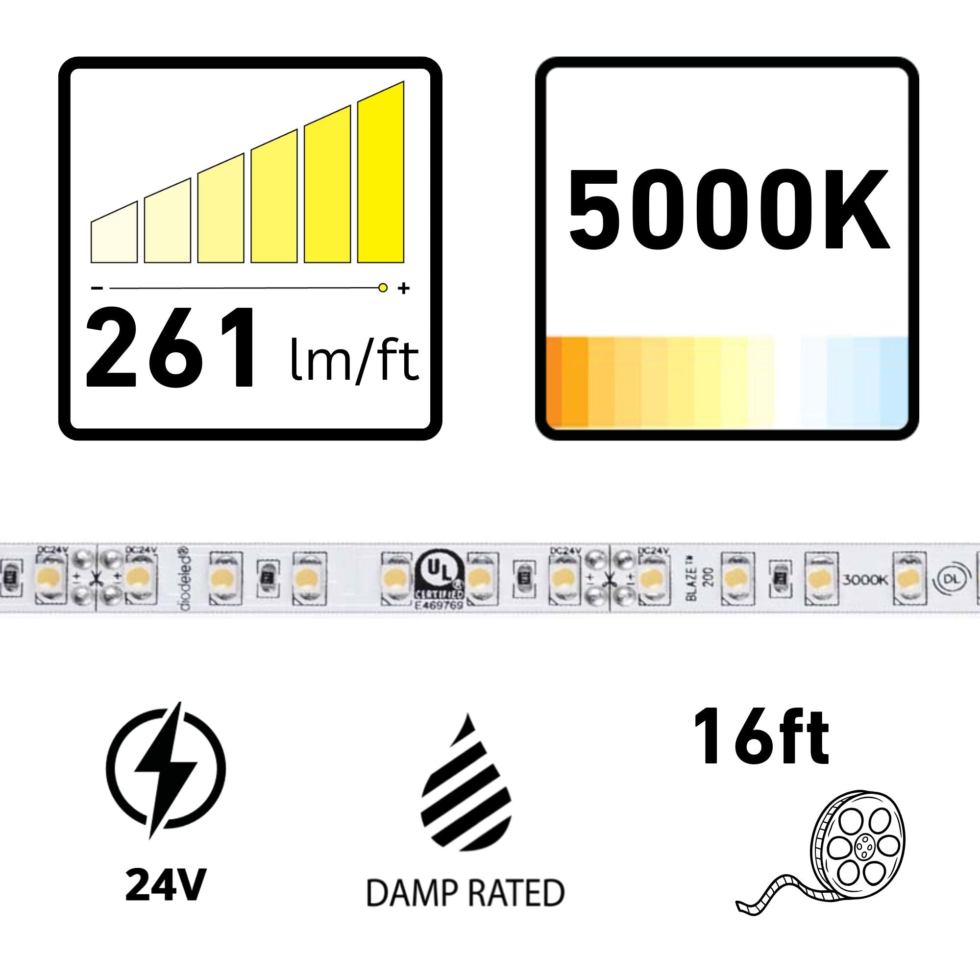 Diode LED BLAZE 16ft LED Tape Light, 5000K, 261 Lm/ft, 24V