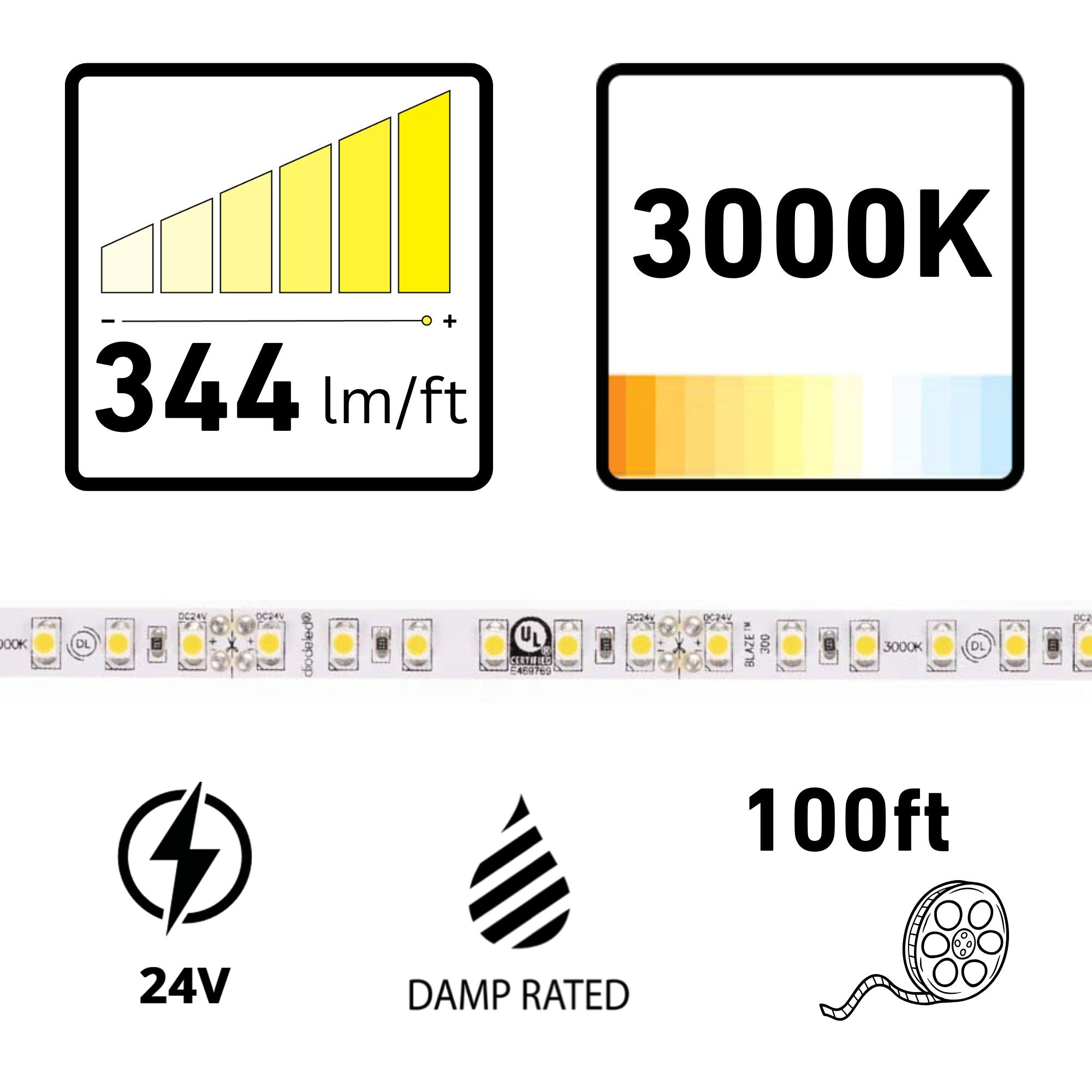 Diode LED BLAZE, 100 ft, LED Tape Light, 3000K, 344 Lumens/ft, 24V