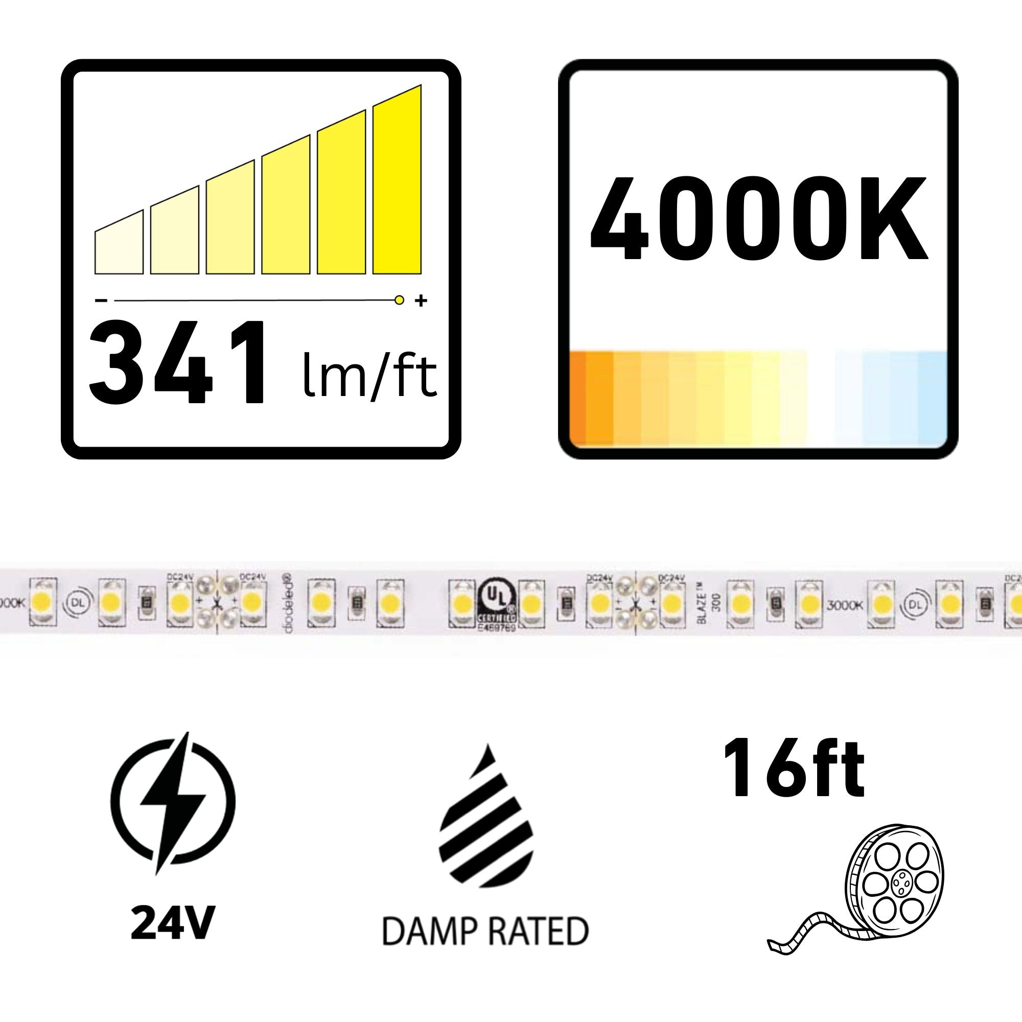 Diode LED BLAZE, 16 ft., LED Tape Light, 4000K, 341 Lumens/ft, 24V