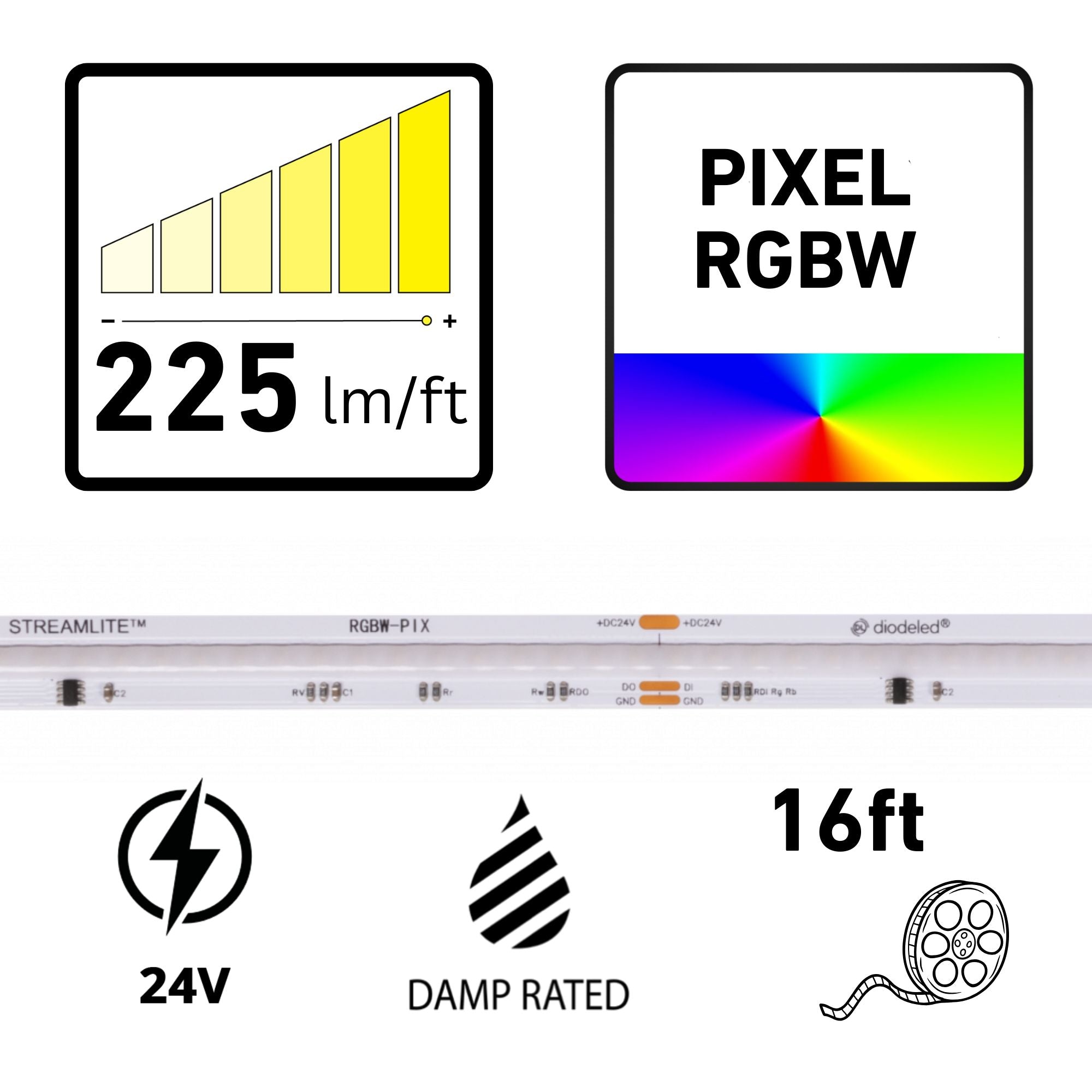 Diode LED Streamlite 16ft LED Tape Light, RGBW, 225 Lumens/ft, 24V