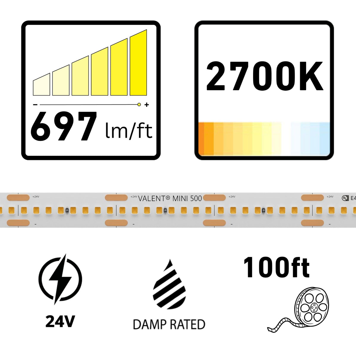 VALENT MINI, 100 ft, LED Tape Light, 2700K, 697 Lumens/ft, 24V