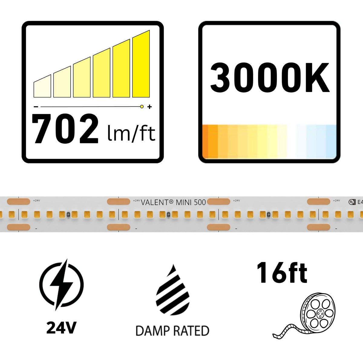 VALENT MINI, 16ft, LED Tape Light, 3000K, 702 Lumens/ft, 24V