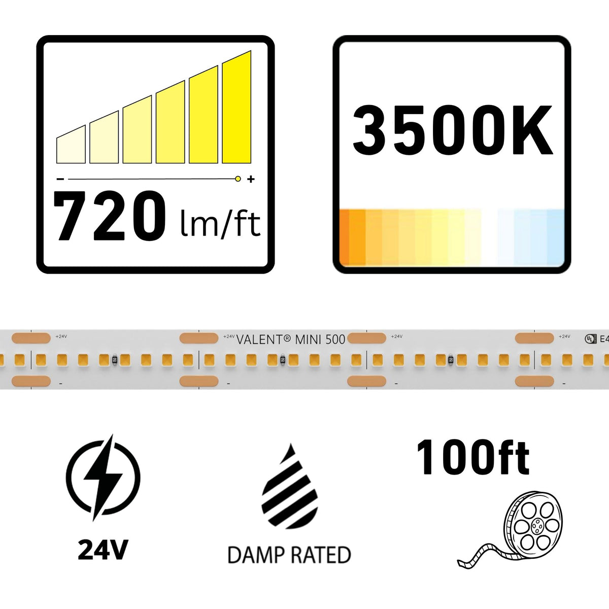 VALENT MINI, 100ft, LED Tape Light, 3500K, 720 Lumens/ft, 24V