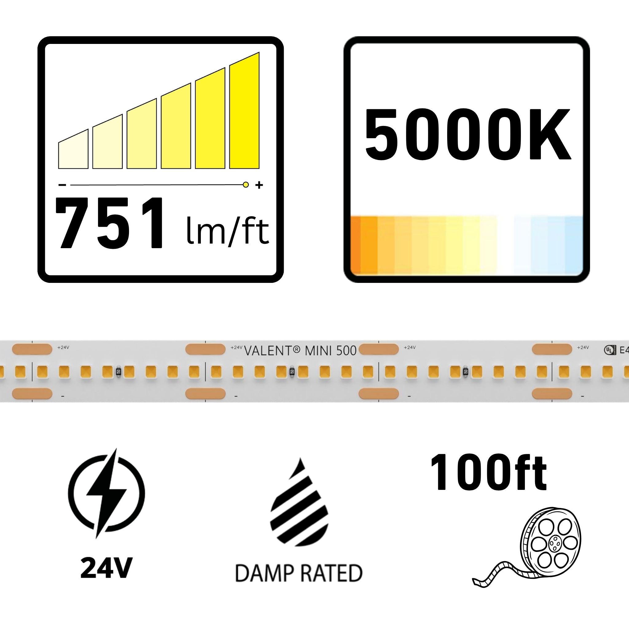 VALENT MINI, 100 ft, LED Tape Light, 5000K, 751 Lumens/ft, 24V