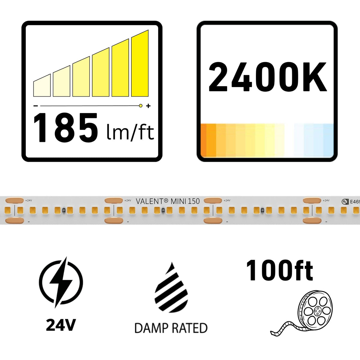 VALENT MINI, 100 ft, LED Tape Light, 2400K, 185 Lumens/ft, 24V