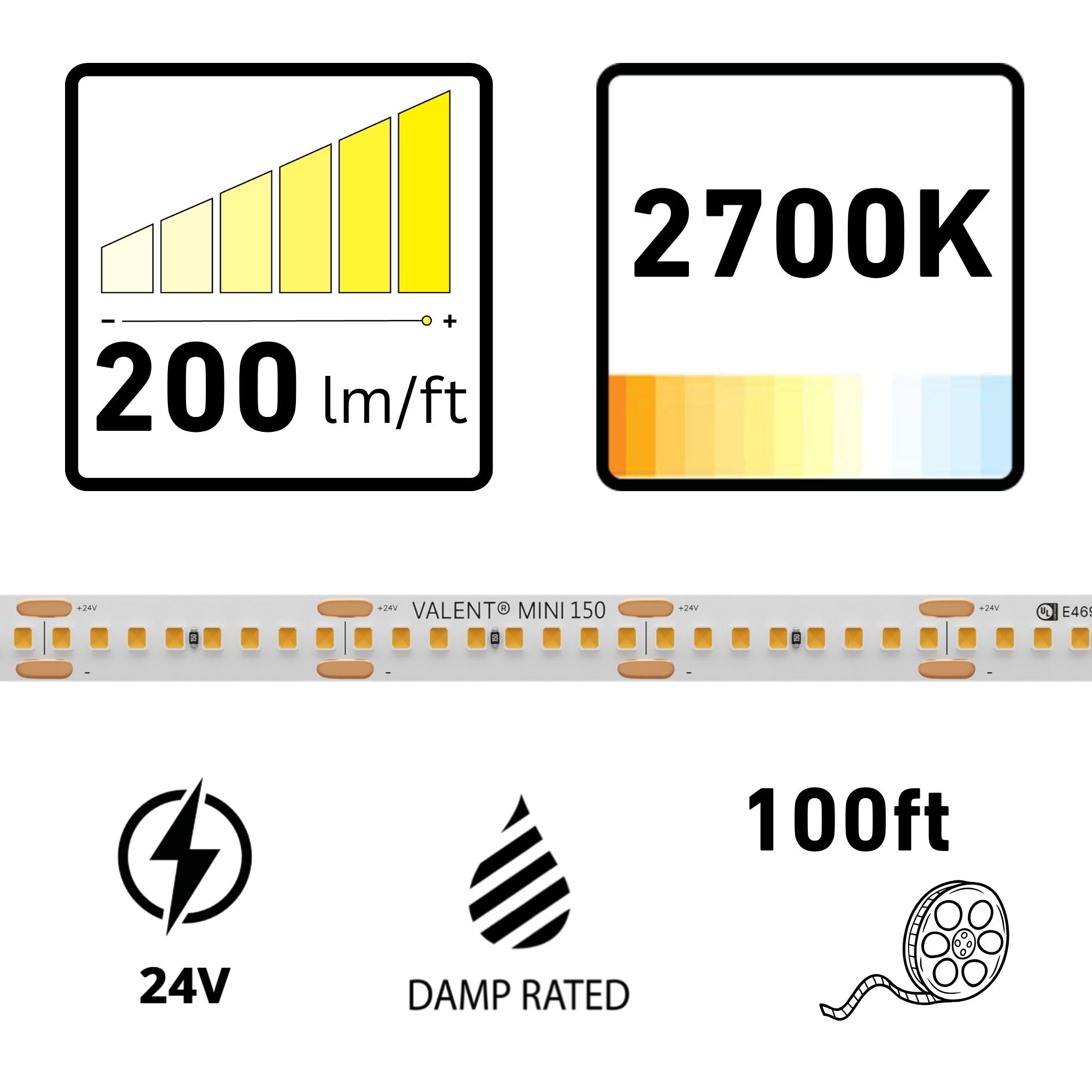 VALENT MINI 100ft LED Tape Light, 2700K, 200 Lumens per Foot, 24V