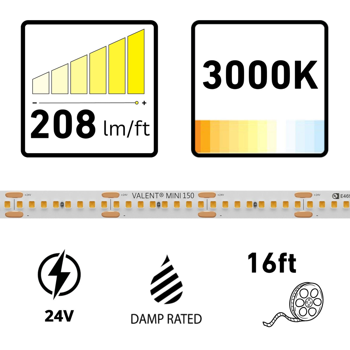 VALENT MINI 16ft LED Tape Light, 3000K, 208 Lumens/ft, 24V
