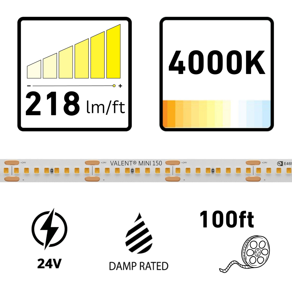 VALENT MINI, 100ft, LED Tape Light, 4000K, 218 Lumens/ft, 24V