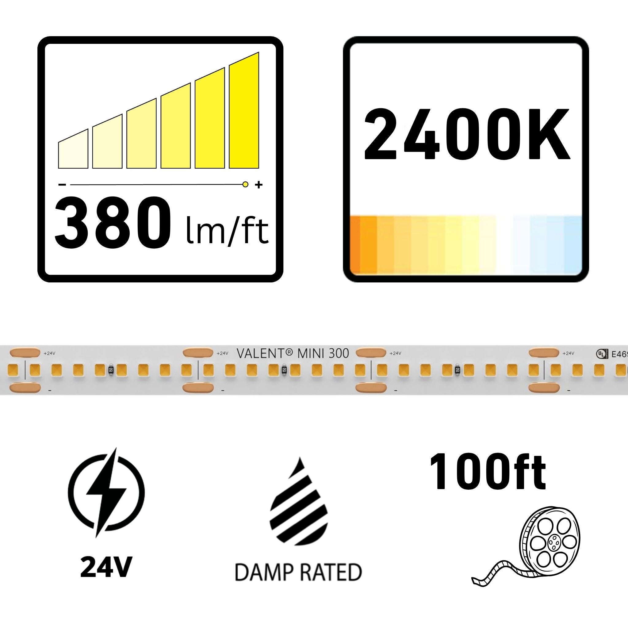 VALENT MINI 100ft LED Tape Light, 2400K, 380 Lumens/ft, 24V