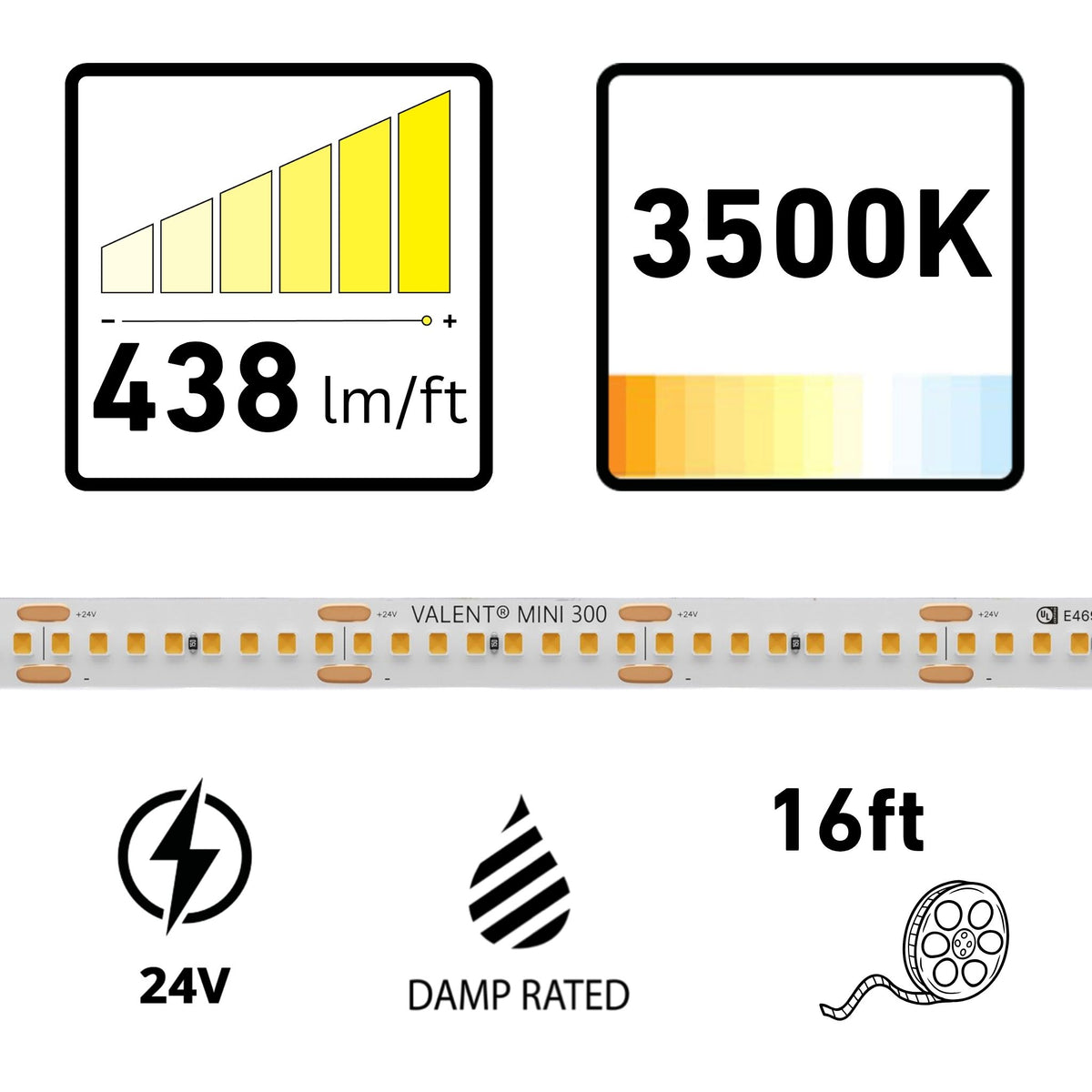 VALENT MINI, 16ft LED Tape Light, 3500K, 438 Lumens/ft, 24V