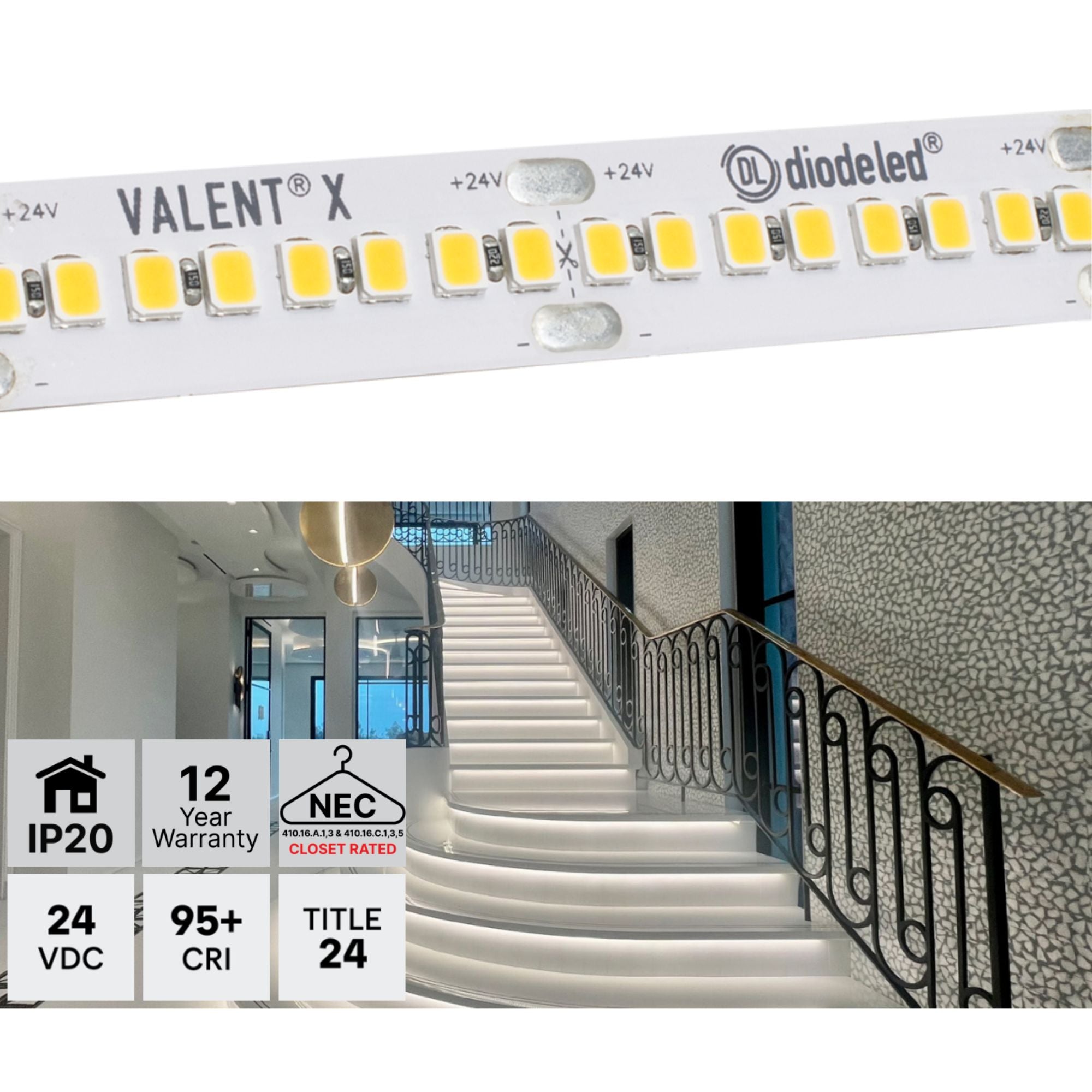VALENT X 16ft LED Tape Light, 3000K, 557 Lumens/ft, 24V