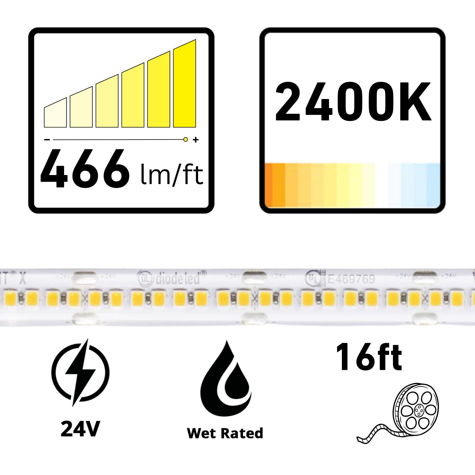 VALENT X 16.4 ft LED Tape Light, IP65, 2400K, 466 Lumens/ft, 24V