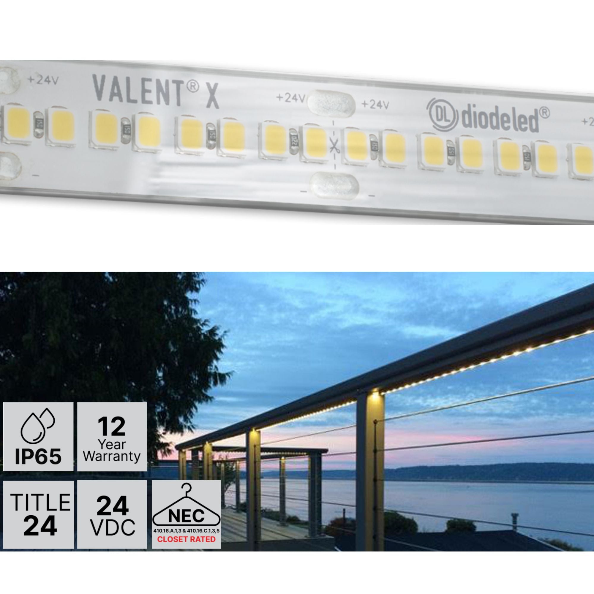 VALENT X 16.4 ft LED Tape Light, IP65, 3000K, 469 Lumens/ft, 24V
