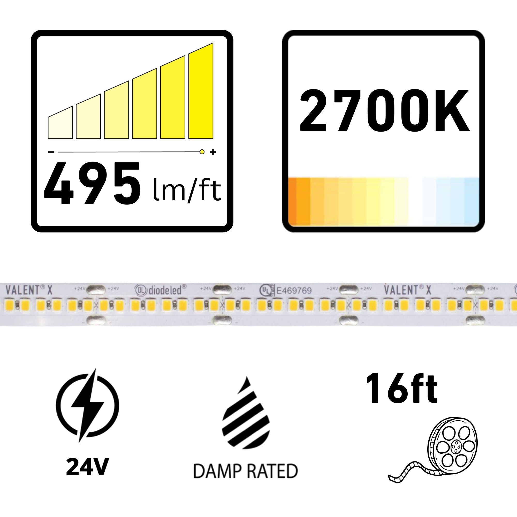 VALENT X, 16 ft., LED Tape Light, 2700K, 495 Lumens/ft, 24V