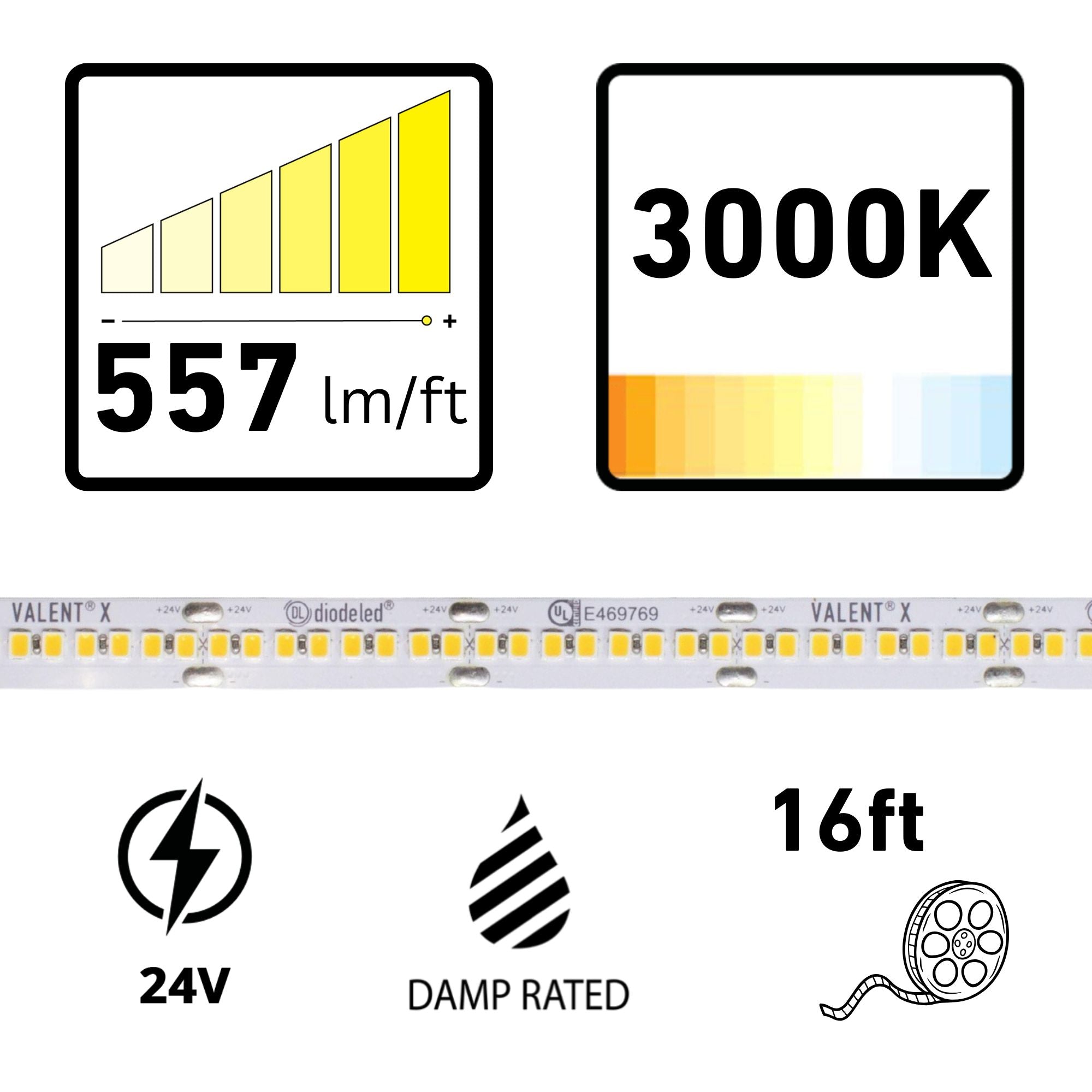 VALENT X 16ft LED Tape Light, 3000K, 557 Lumens/ft, 24V