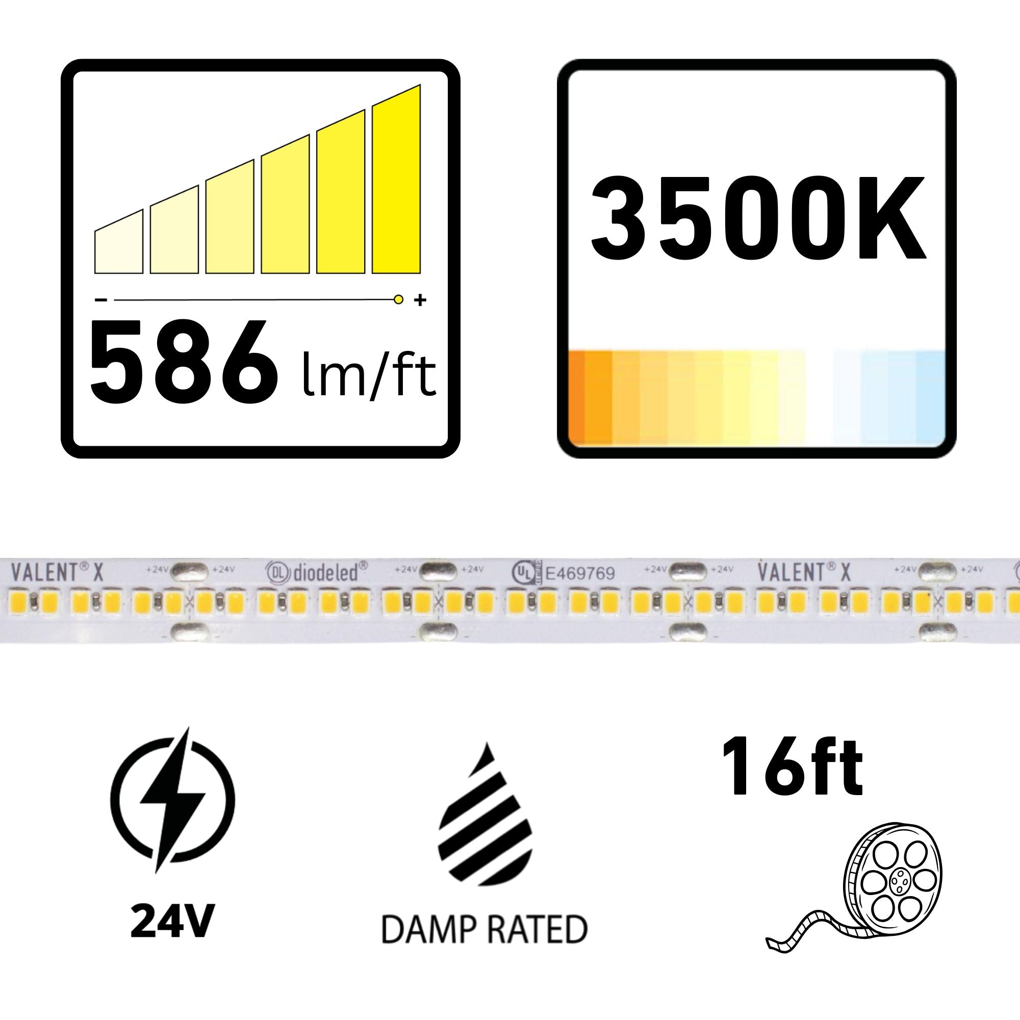 VALENT X, 16 ft, LED Tape Light, 3500K, 586 Lumens/ft, 24V