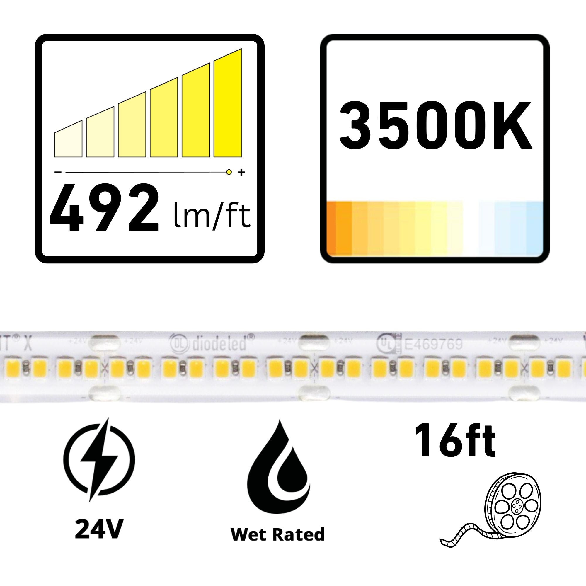 VALENT X, 16.4 ft., High Density LED Tape Light, IP65, 3500K, 492 Lumens/ft, 24V
