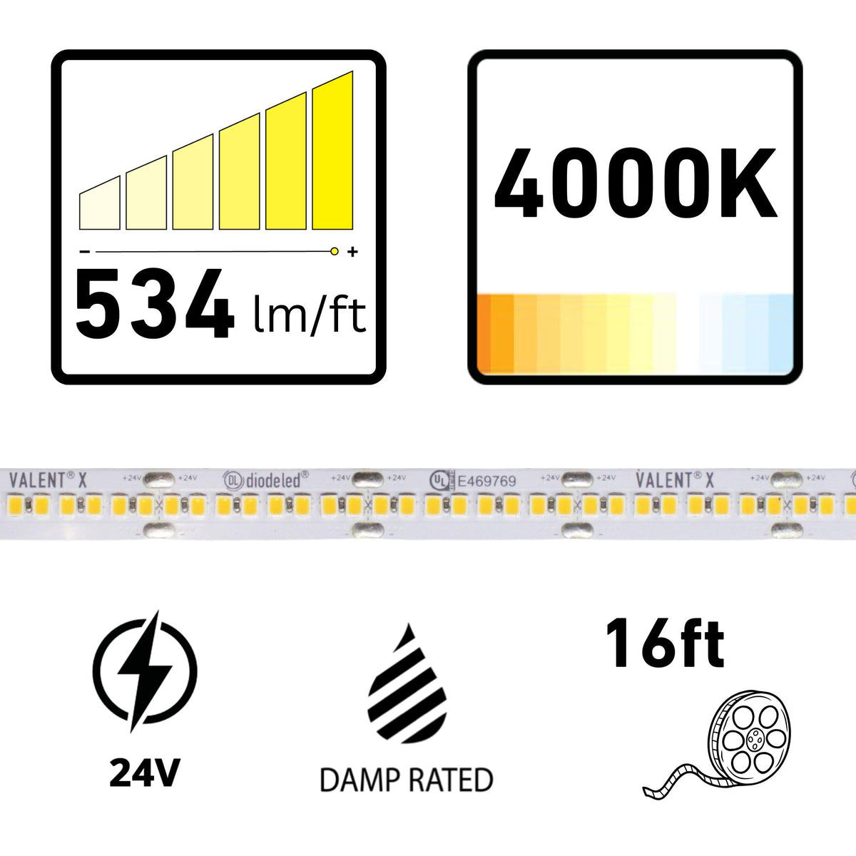 VALENT X 16 ft LED tape light, 4000K, 534 lm/ft, 24V, damp rated