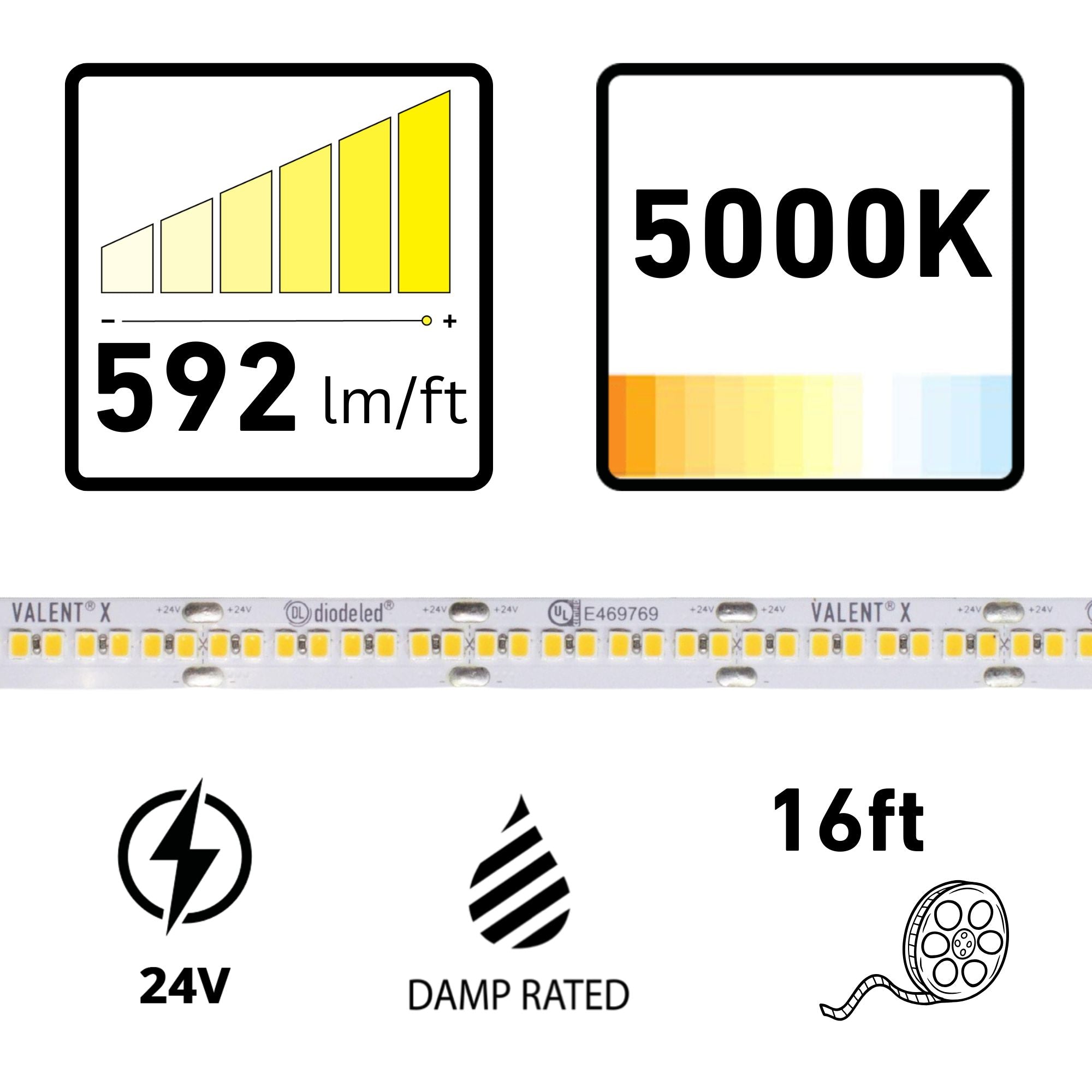 VALENT X, 16 ft. LED Tape Light, 5000K, 592 Lumens/ft, 24V