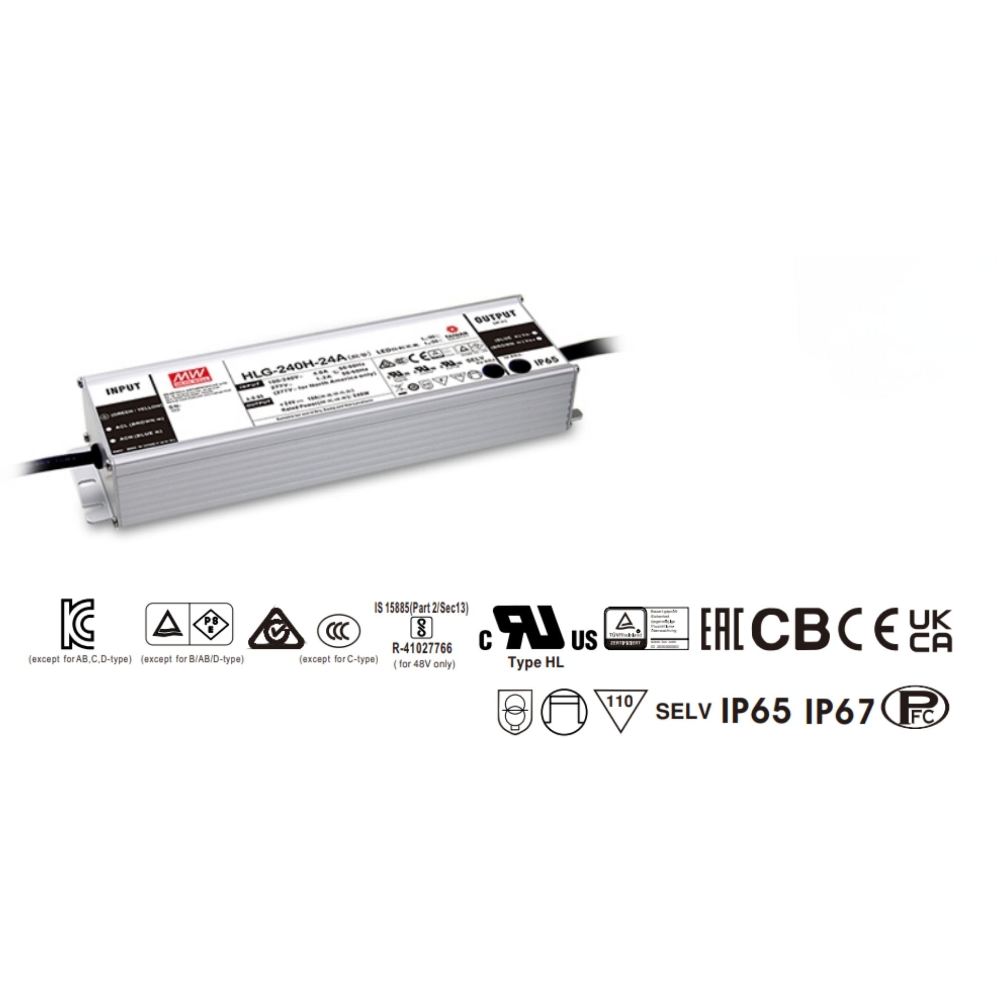 Diode LED HLG 240W 24VDC LED Driver Non-Dimmable