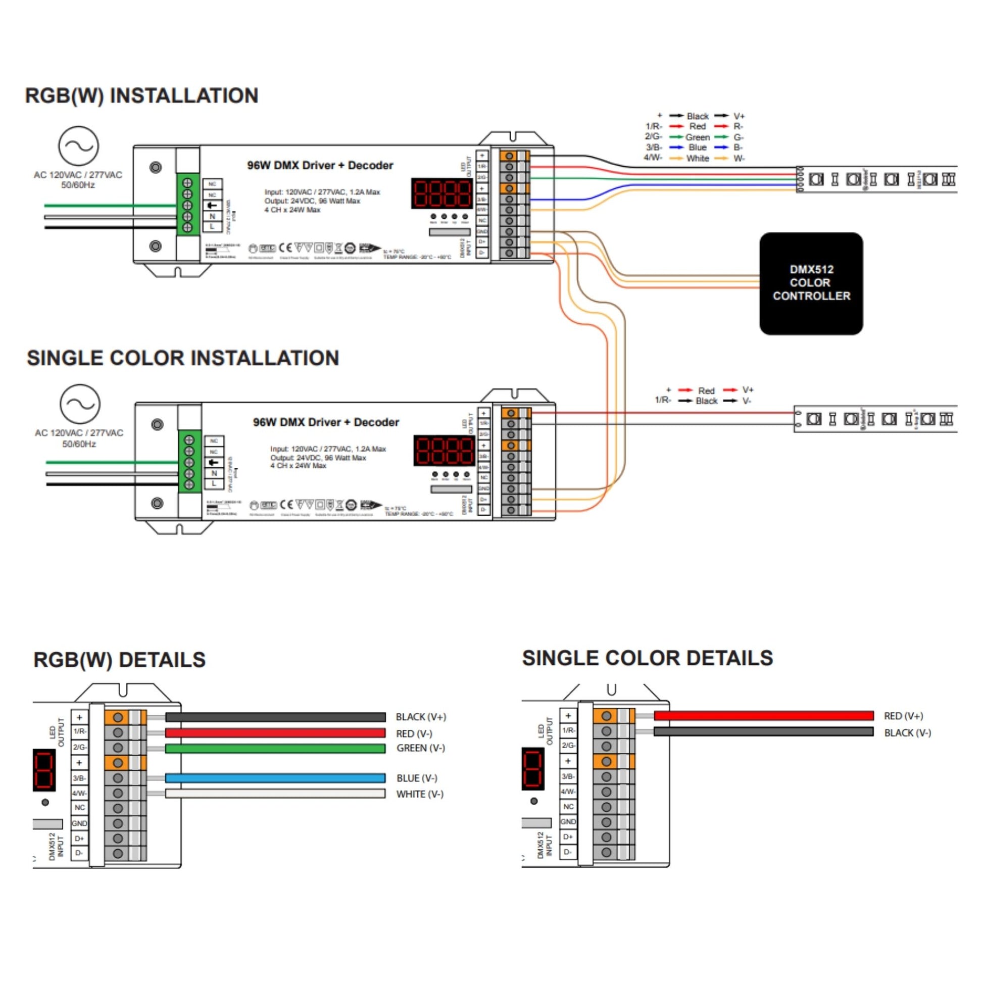 DMX Decoder + 24VDC LED Driver, 96 Watts Max, 4 Channel RGBW, 120-277V - Bees Lighting