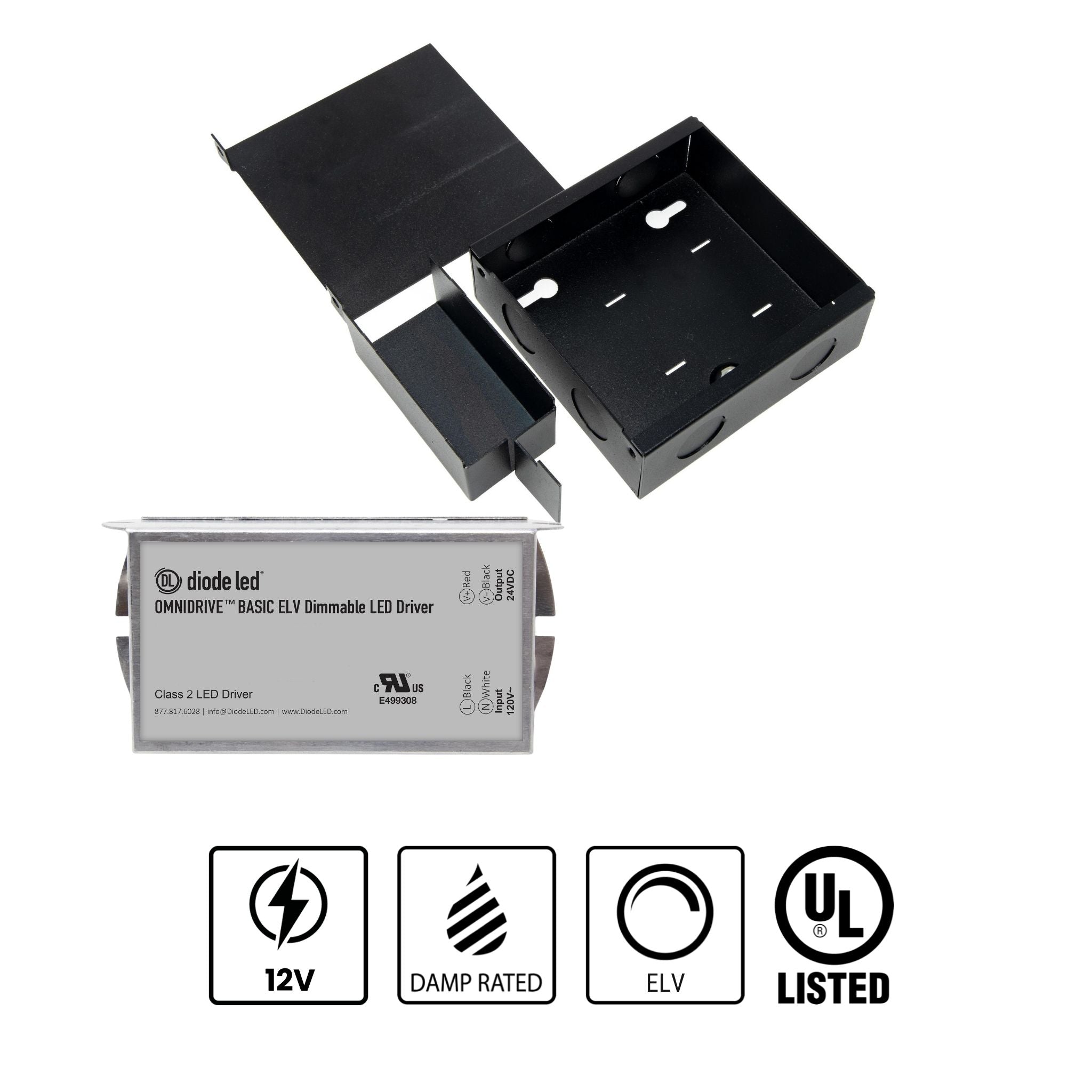 Diode LED 60W LED Driver 12V DC, Dimmable, Integrated Junction Box, Indoor Use - 120V