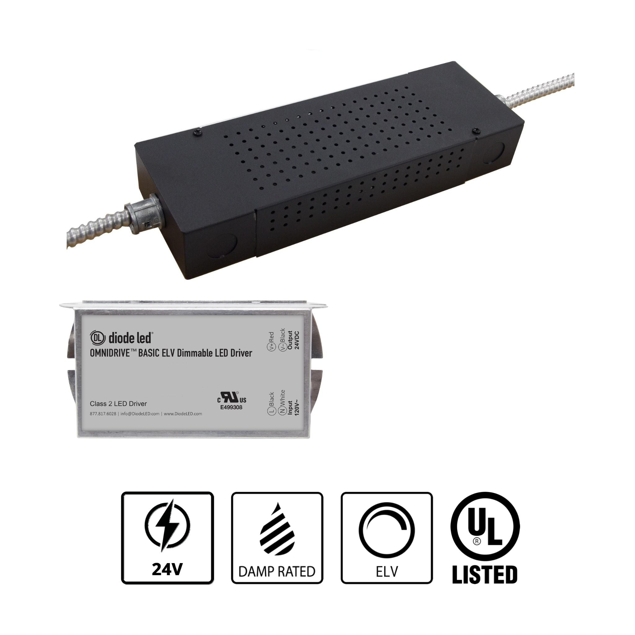 Diode LED 96W LED Driver 24V DC, Dimmable, Integrated Junction Box, Indoor Use - 120V