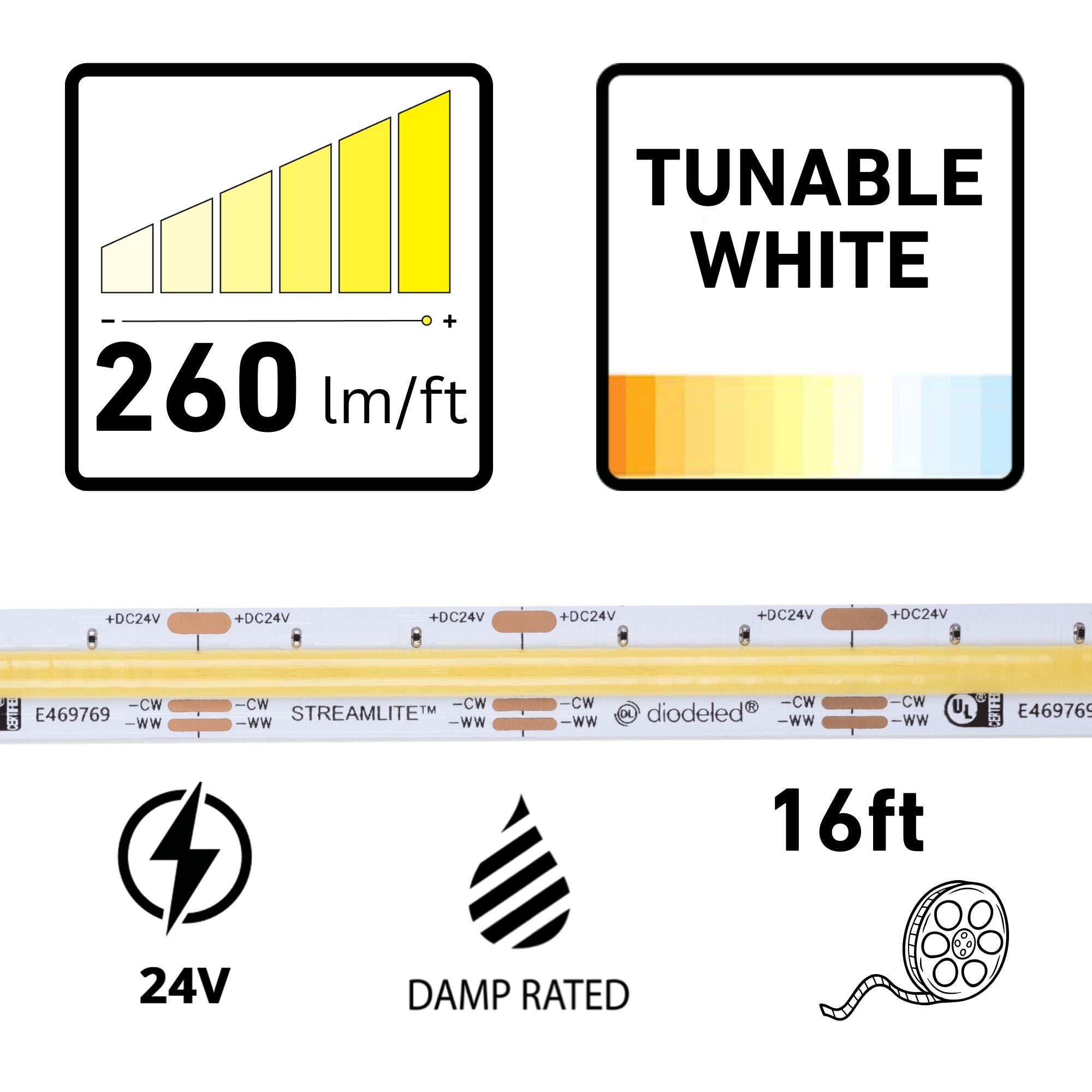 Diode LED Streamlite 16 ft. LED Tape Light, IP20, Tunable White, 200-260 Lm/ft, 24V