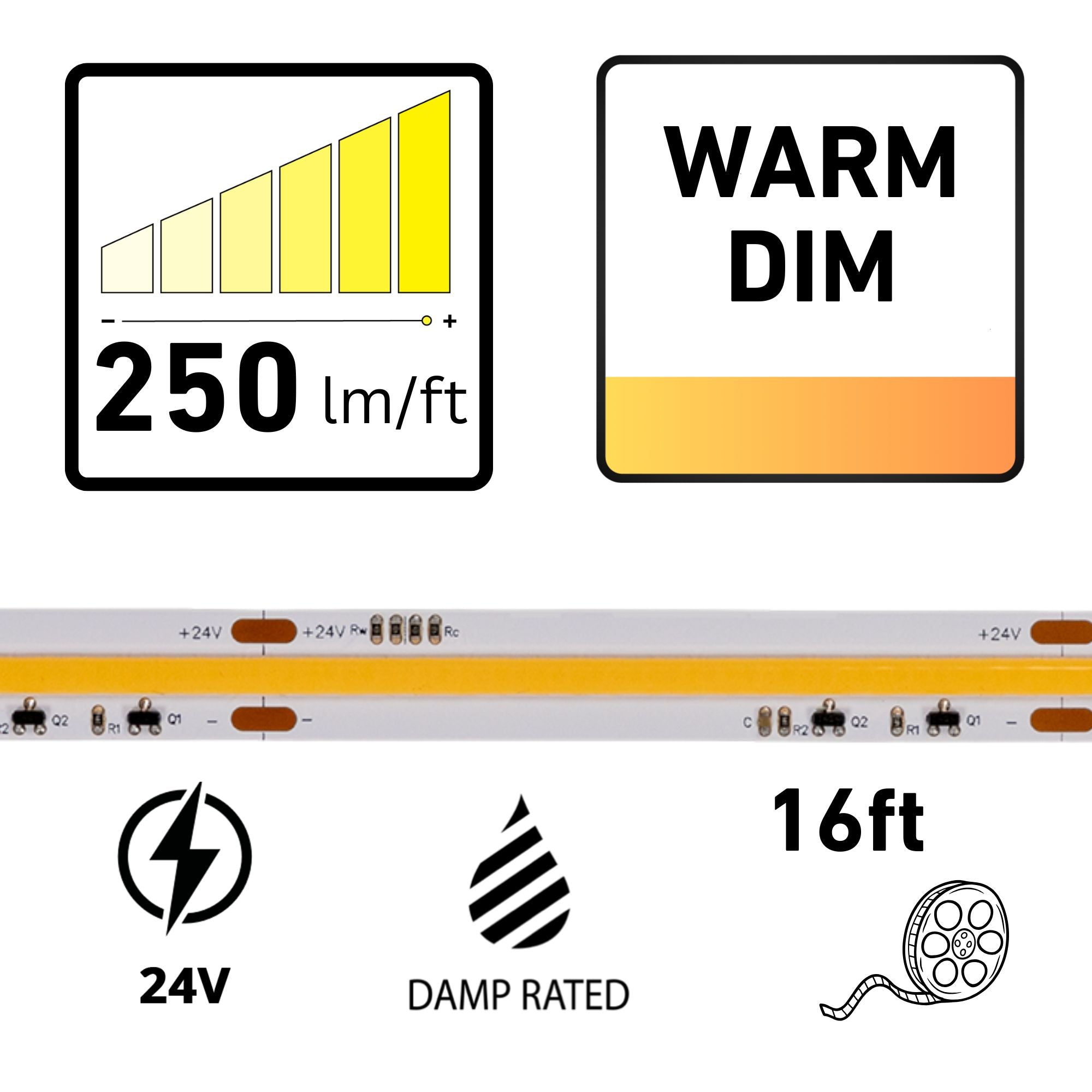 Diode LED Streamlite 16ft LED Tape Light, Warm Dim, 250 Lm/ft, 24V