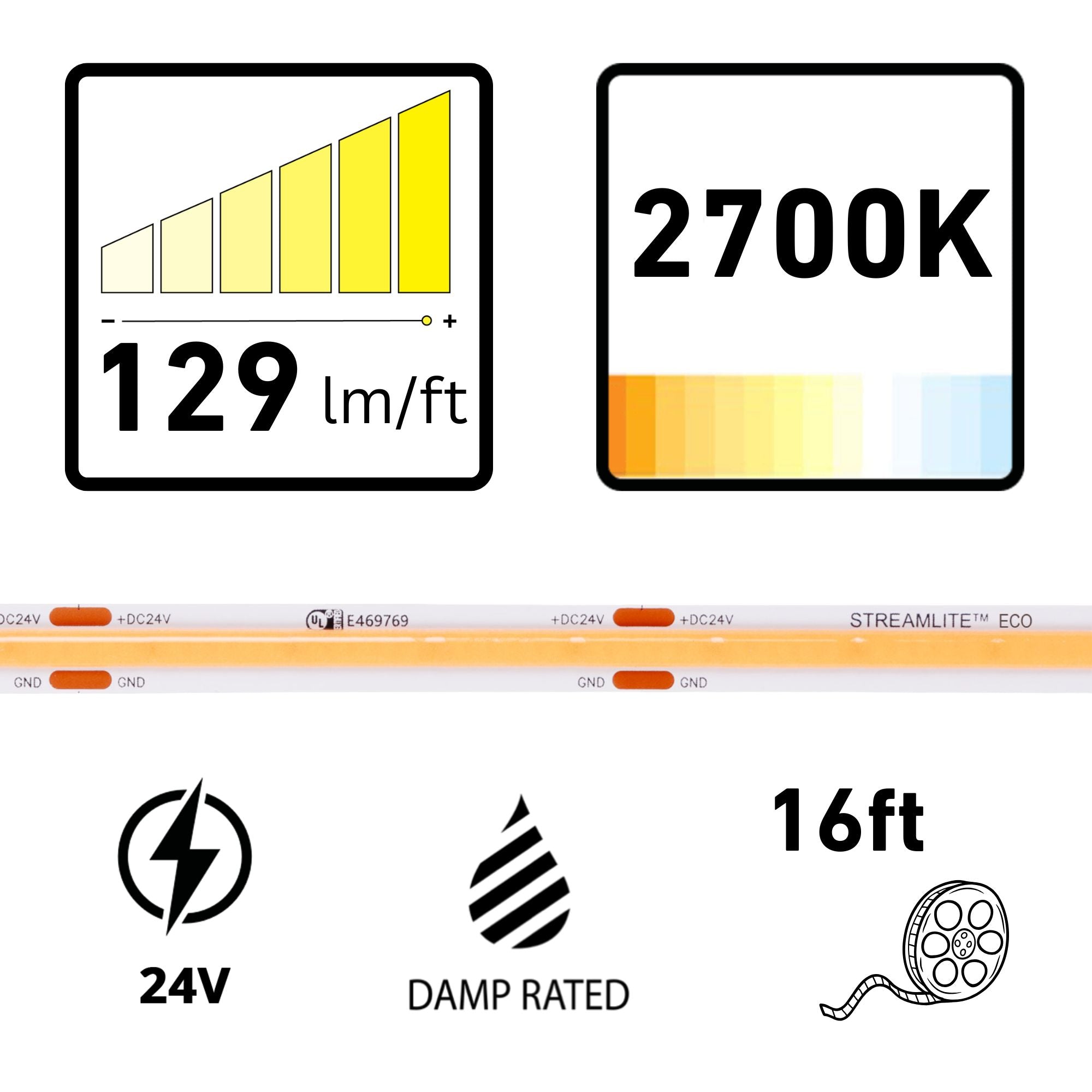 Diode LED Streamlite, 16 ft., LED Tape Light, 2700K, 129 Lumens/ft, 24V