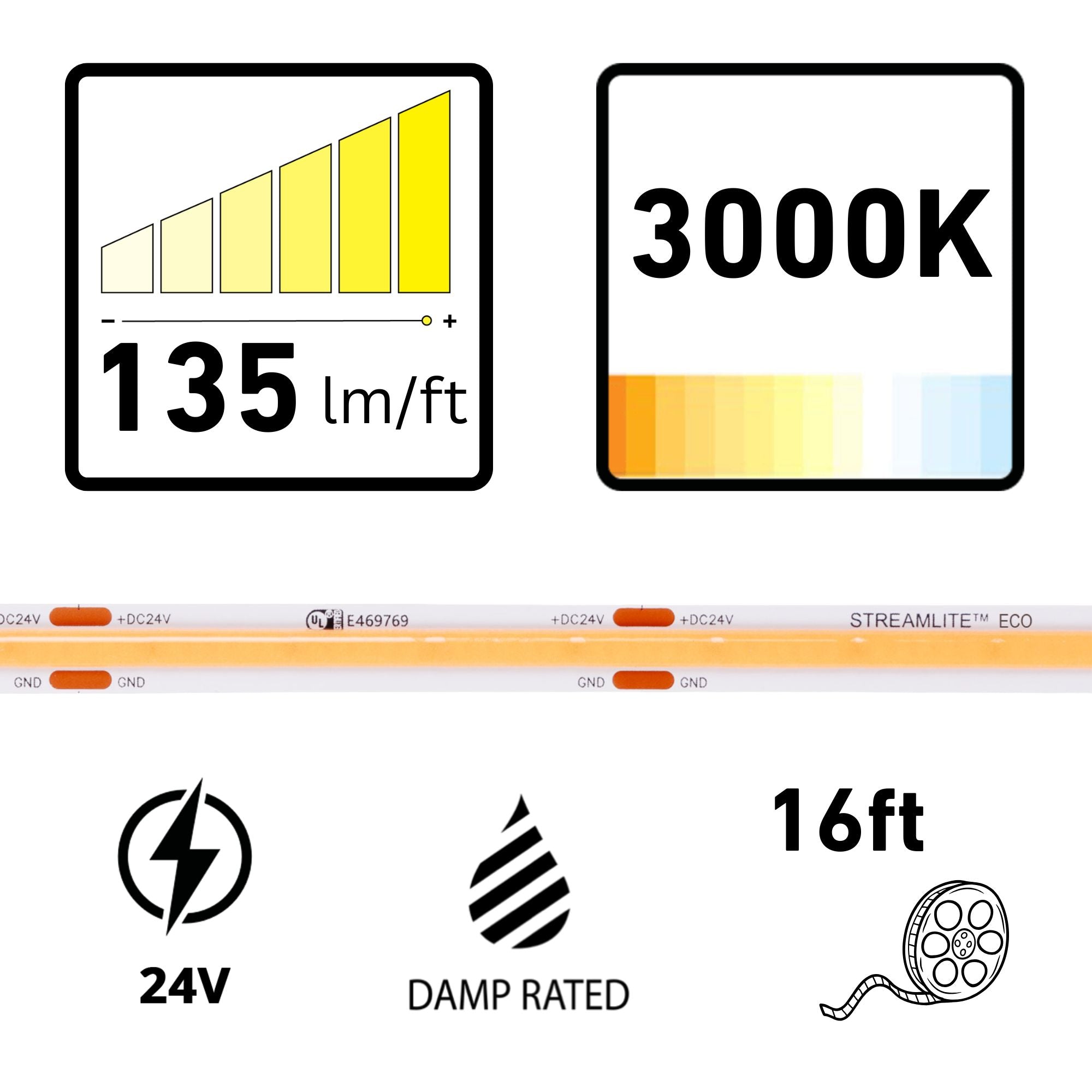 Diode LED Streamlite, 16 ft. LED Tape Light, 3000K, 135 Lumens/ft, 24V