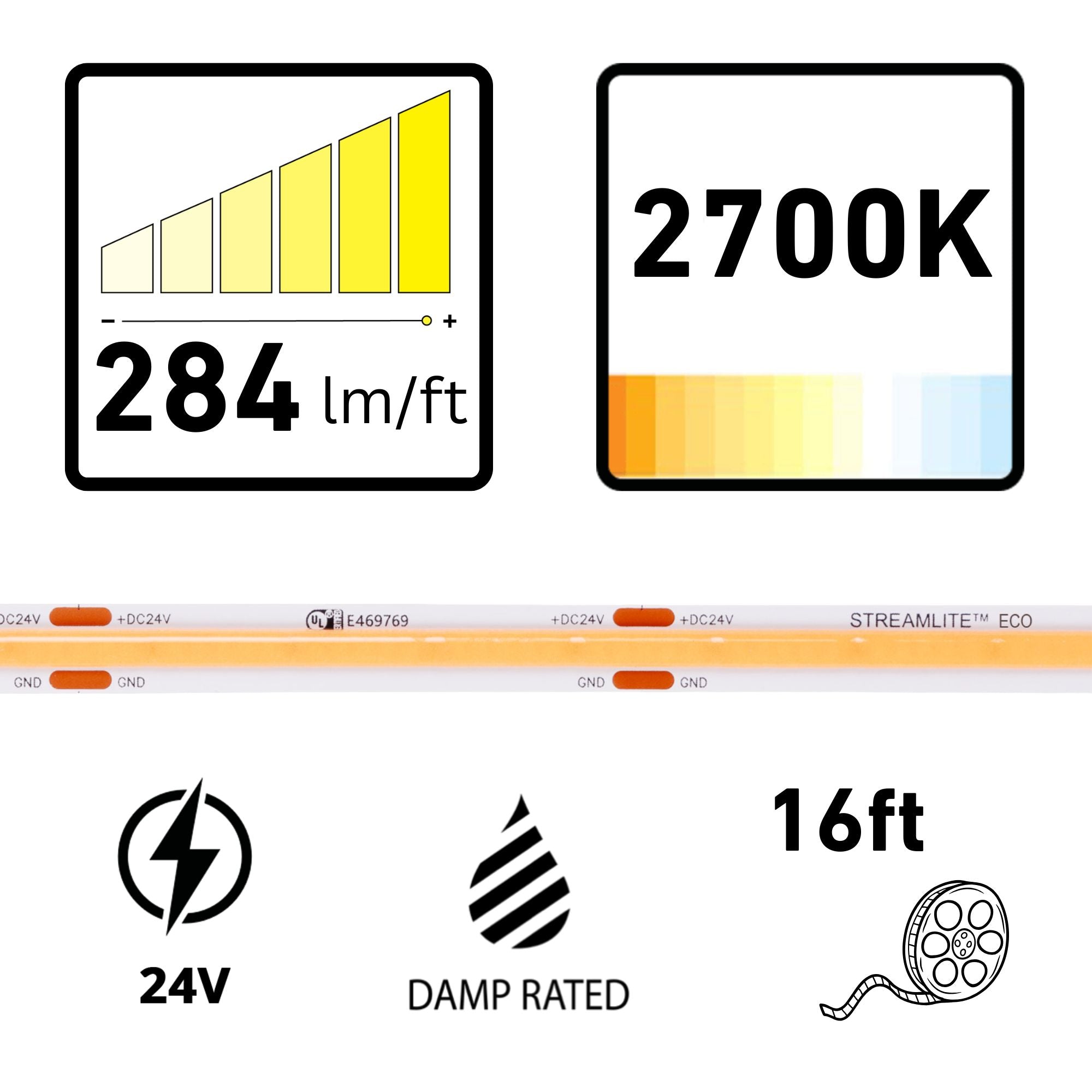 Diode LED Streamlite, 16 ft, LED Tape Light, 2700K, 284 Lumens/ft, 24V