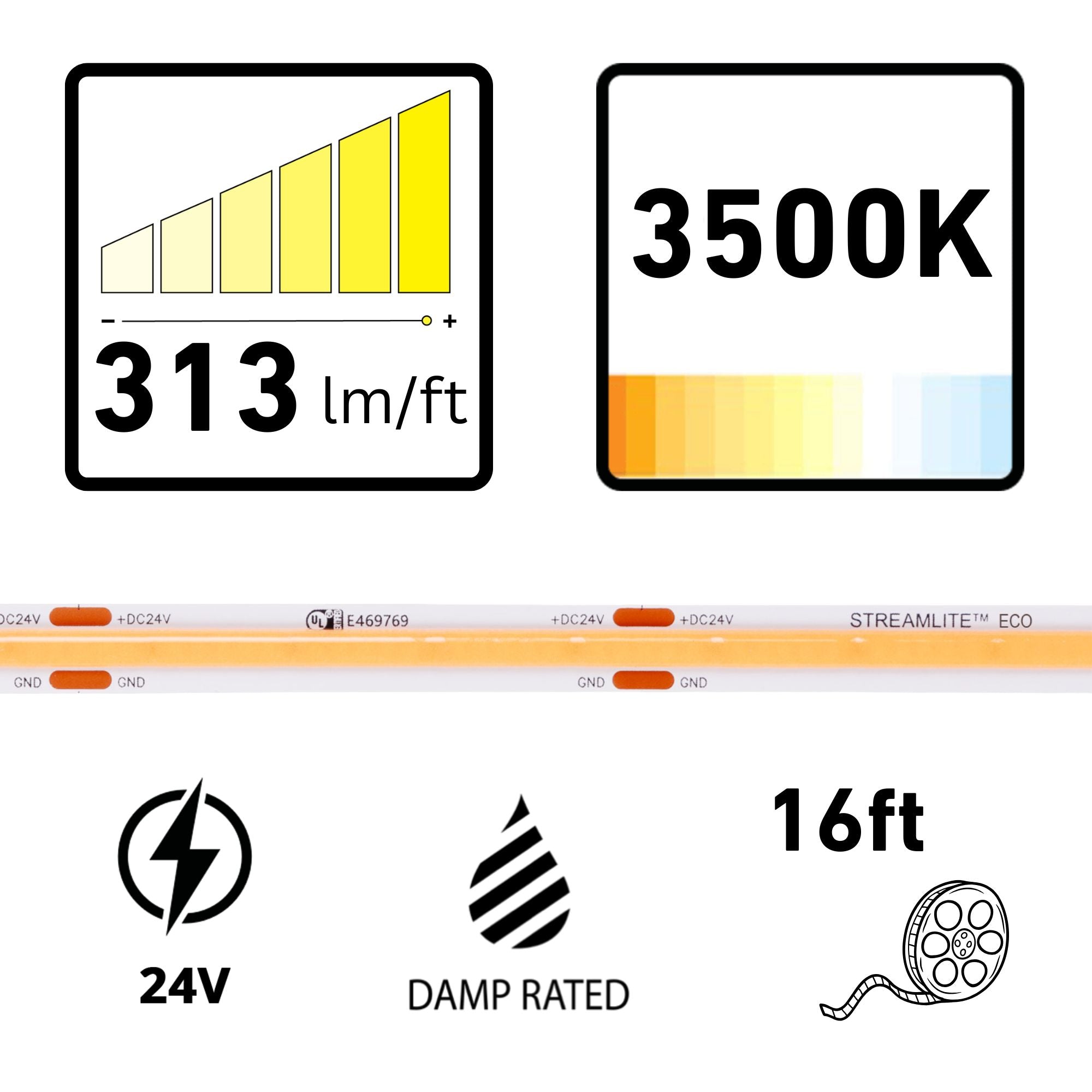 Diode LED Streamlite, 16 ft., LED Tape Light, 3500K, 313 Lumens/ft, 24V