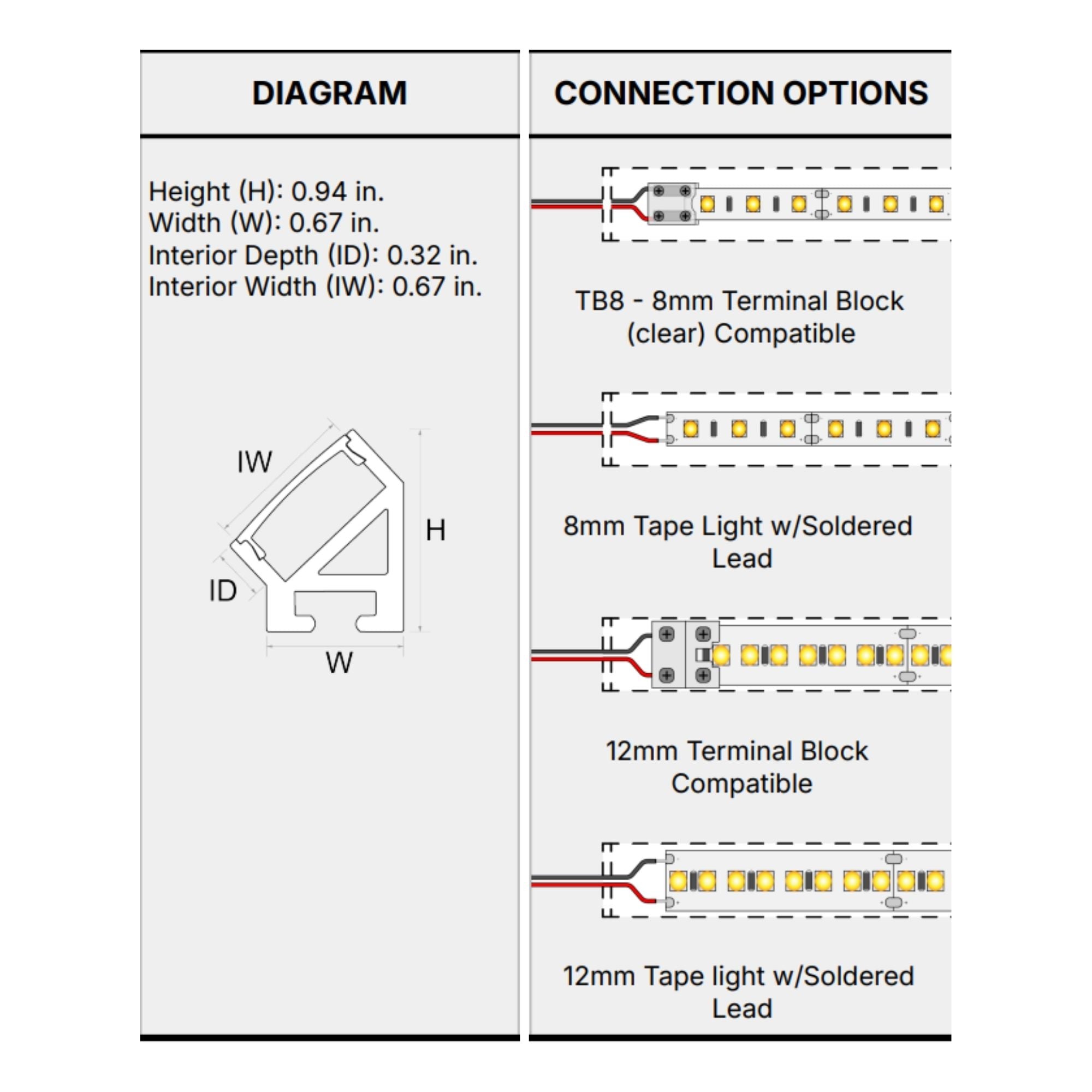 96in. Chromapath Builder, 45 degree LED Aluminum channel, Corner, for Strips Up To 12mm, Pack of 10