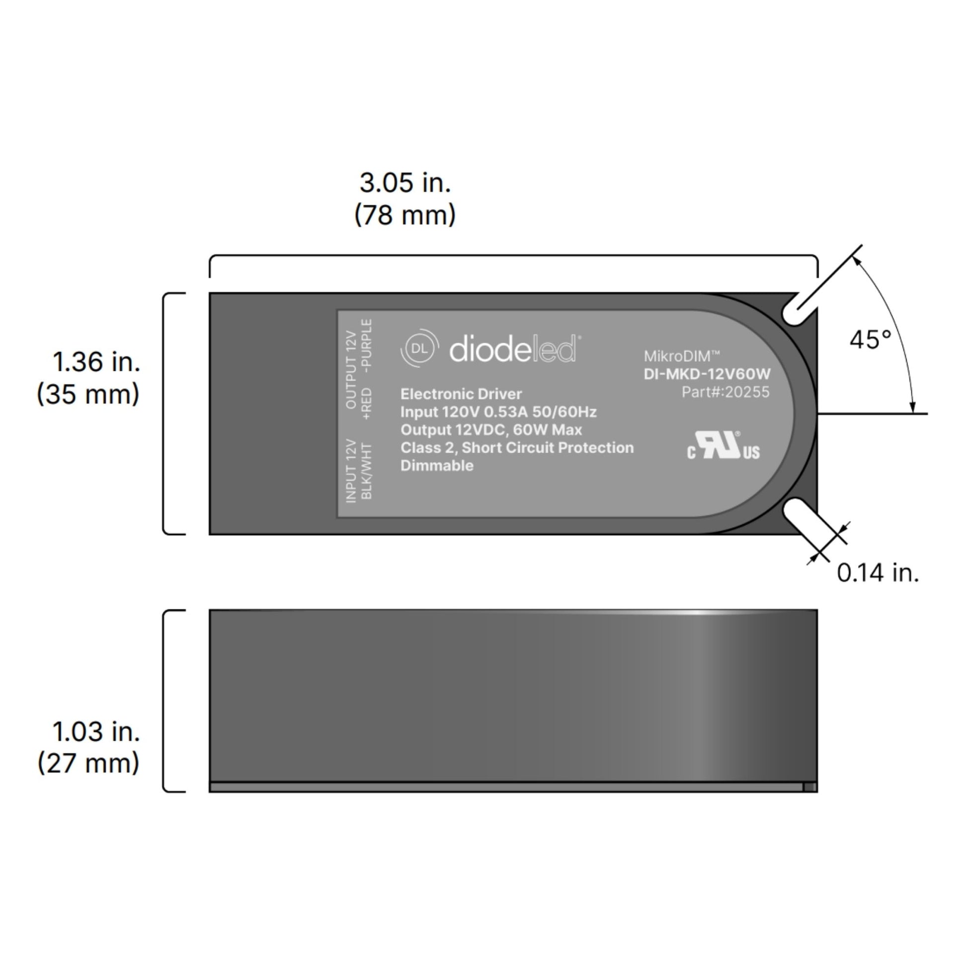 MikroDIM Electronic Dimmable Driver, 60 Watts 12VDC - Bees Lighting