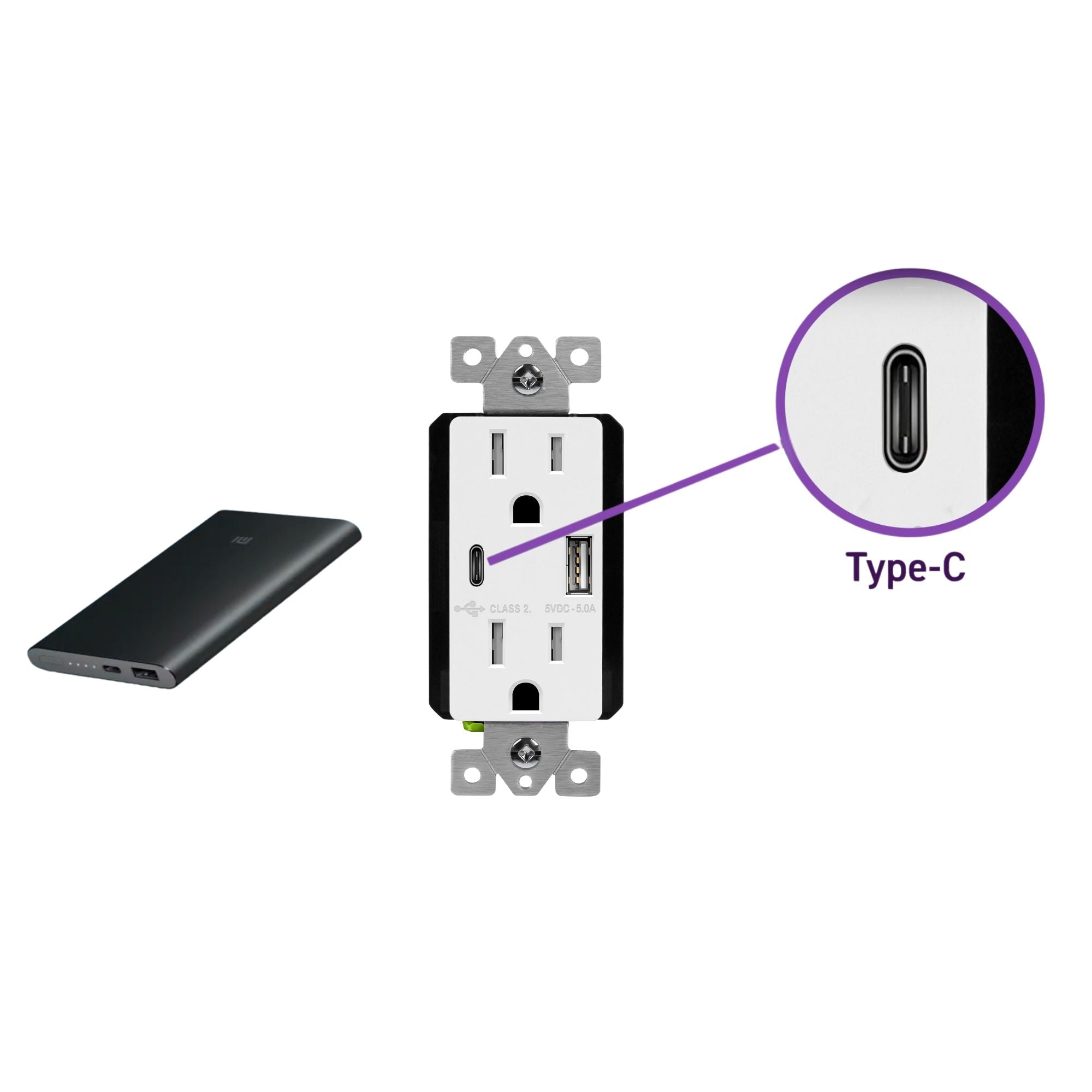 61501-1A1C5-W 15A Duplex Outlet with 5A USB-C/A Ports, Tamper-Resistant, White