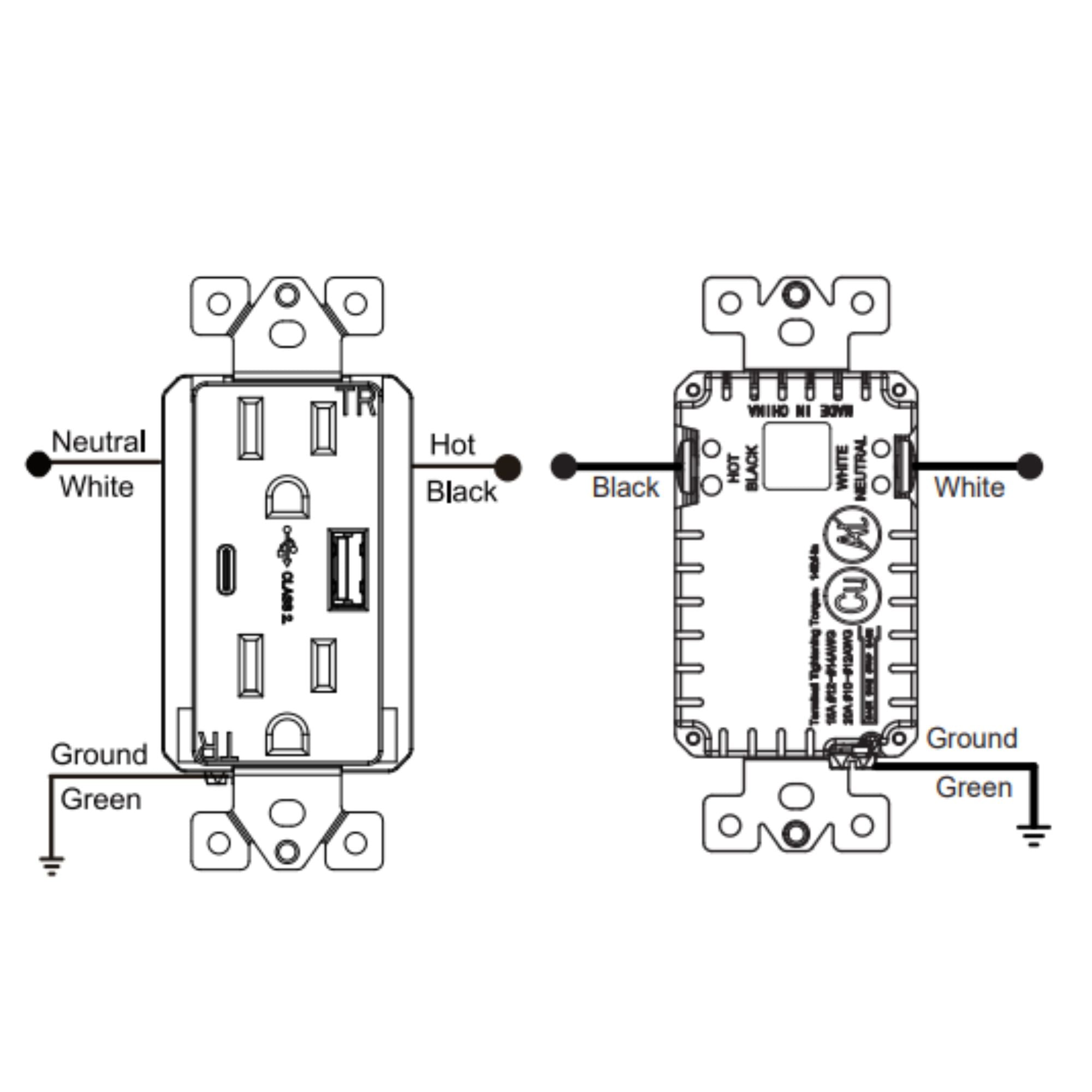 61501-1A1C5-W 15A Duplex Outlet with 5A USB-C/A Ports, Tamper-Resistant, White