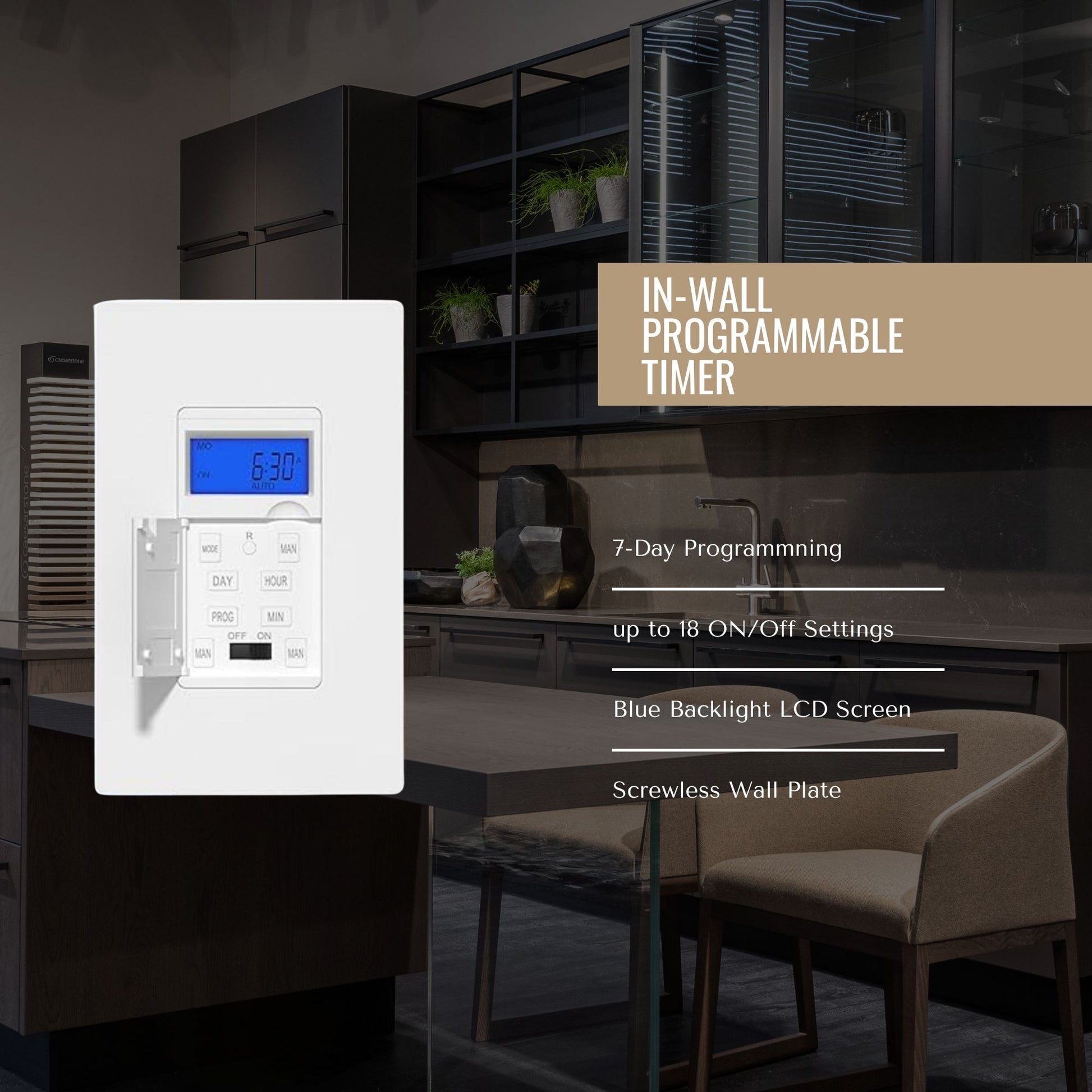 7-Day Digital In-Wall Programmable Timer Switch, 120V, 15A, White - Bees Lighting