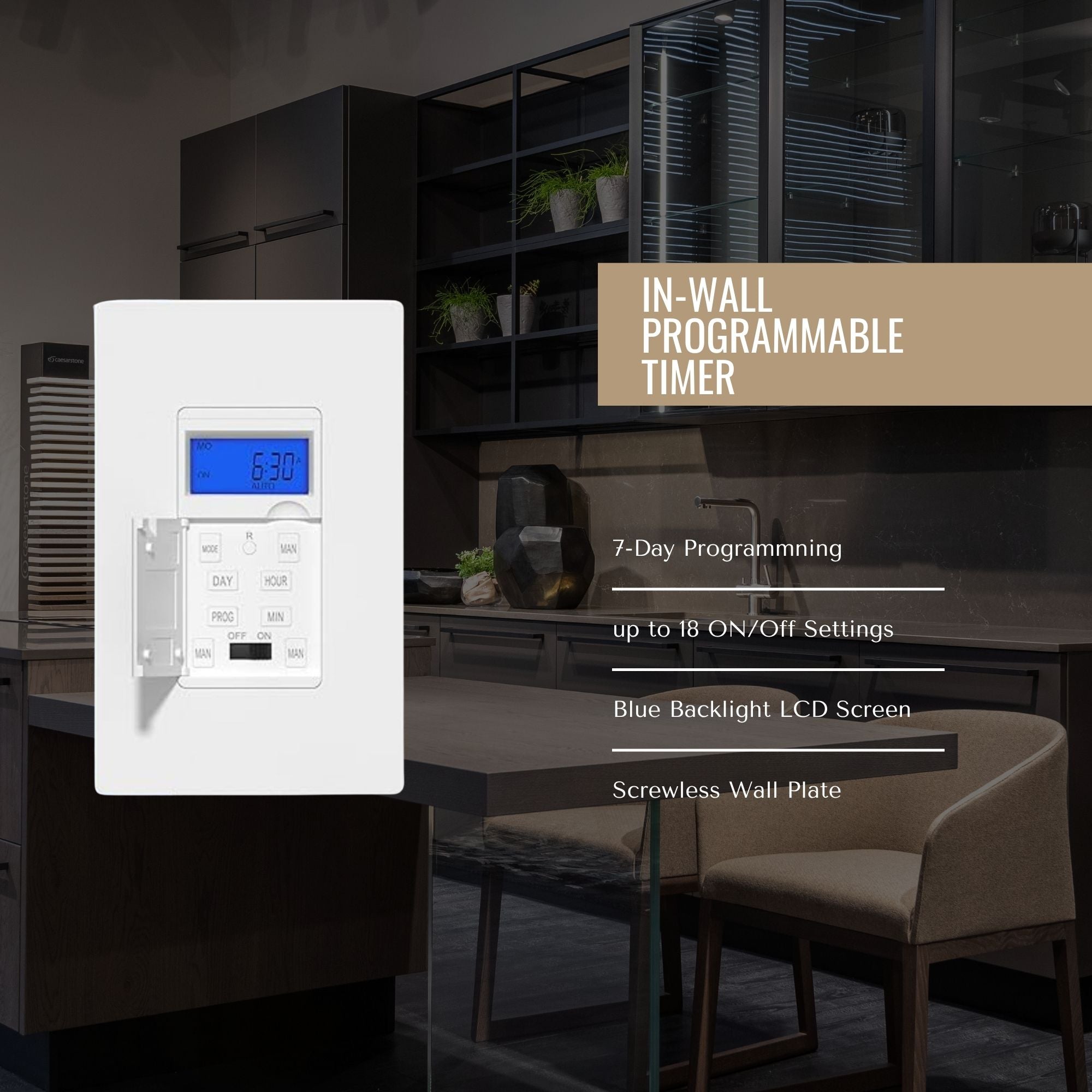 7-Day Digital In-Wall Programmable Timer Switch, 120V, 15A, White